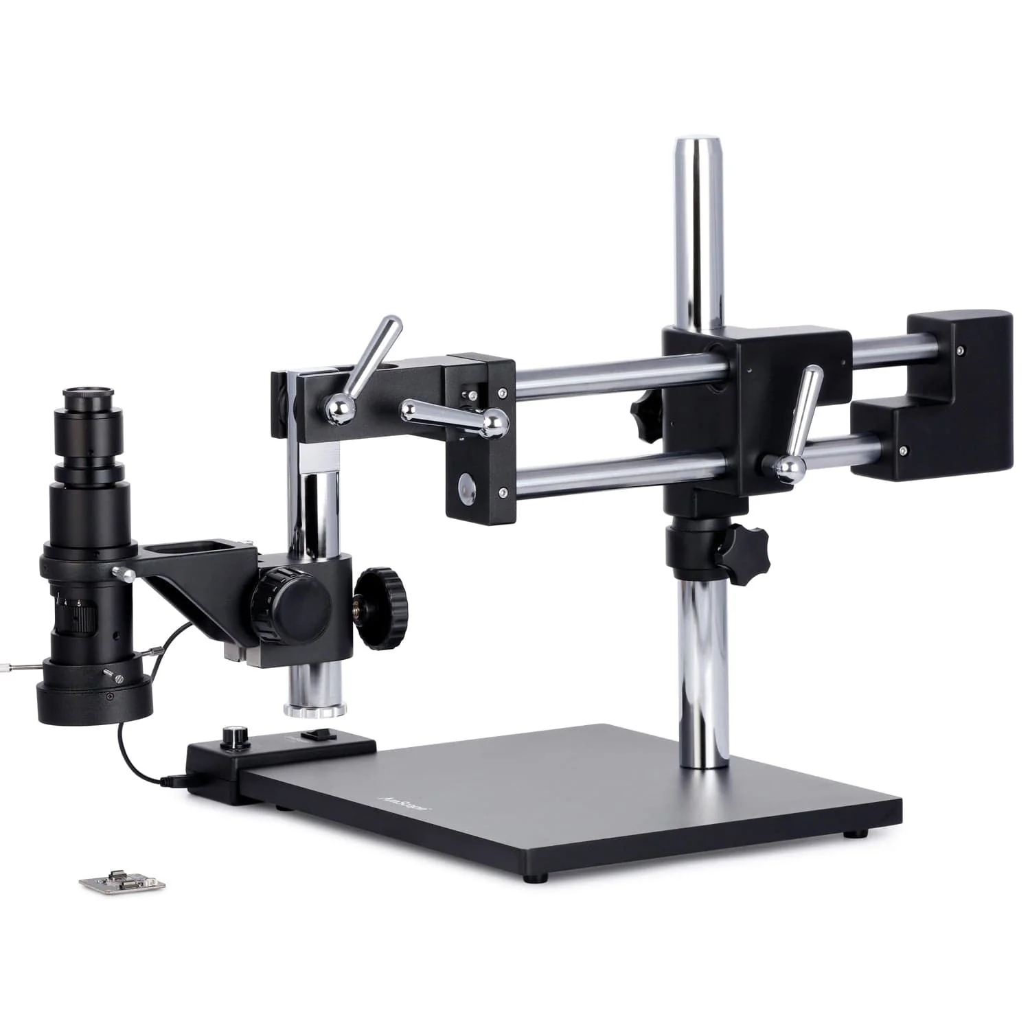 AmScope H800 Series Zoom Inspection Monocular Stereo Microscope 0.7X-5X Magnification on Double-Arm Boom-Stand with LED Ring Light and Optional USB Camera