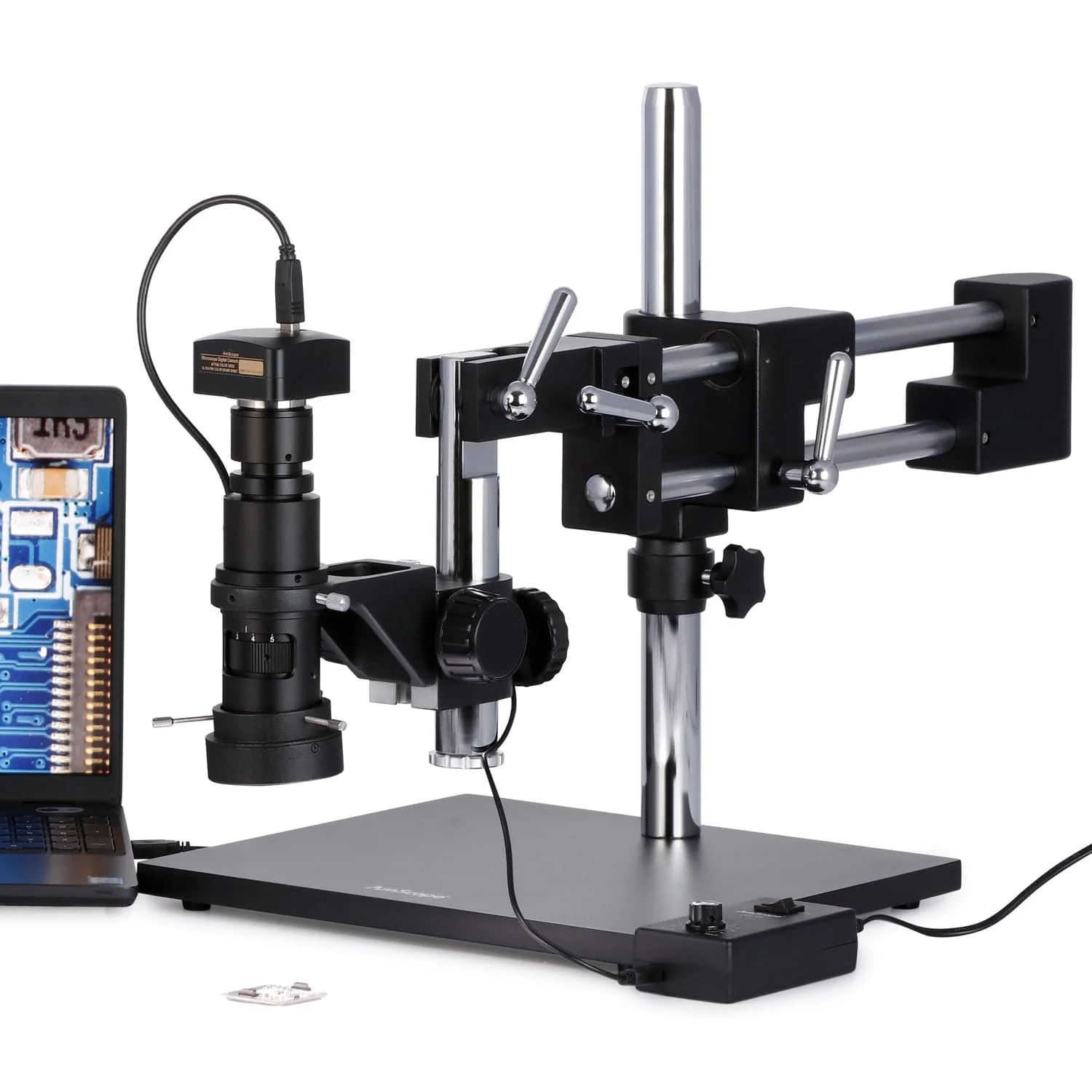 AmScope H800 Series Zoom Inspection Monocular Stereo Microscope 0.7X-5X Magnification on Double-Arm Boom-Stand with LED Ring Light and Optional USB Camera - Image 5