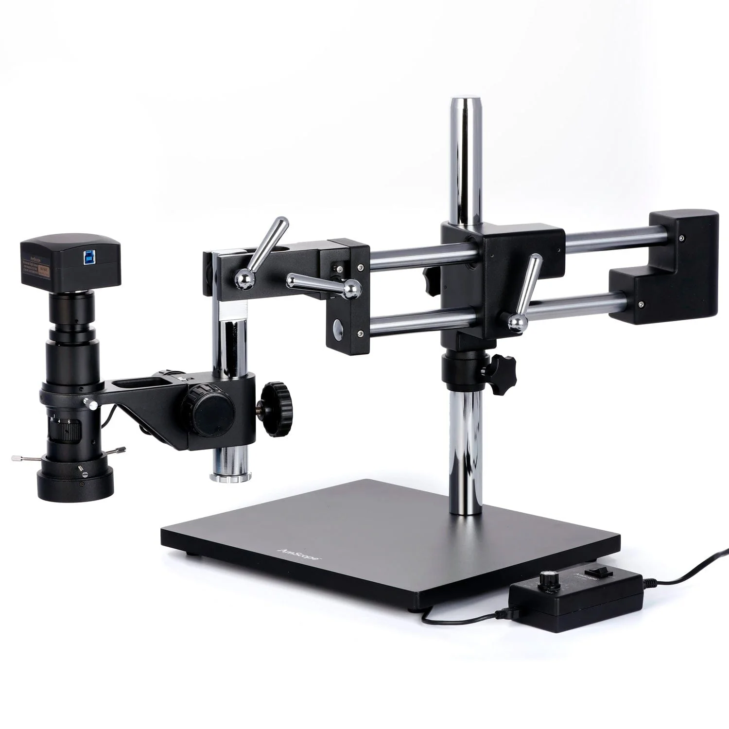 AmScope H800 Series Zoom Inspection Monocular Stereo Microscope 0.7X-5X Magnification on Double-Arm Boom-Stand with LED Ring Light and Optional USB Camera - Image 6