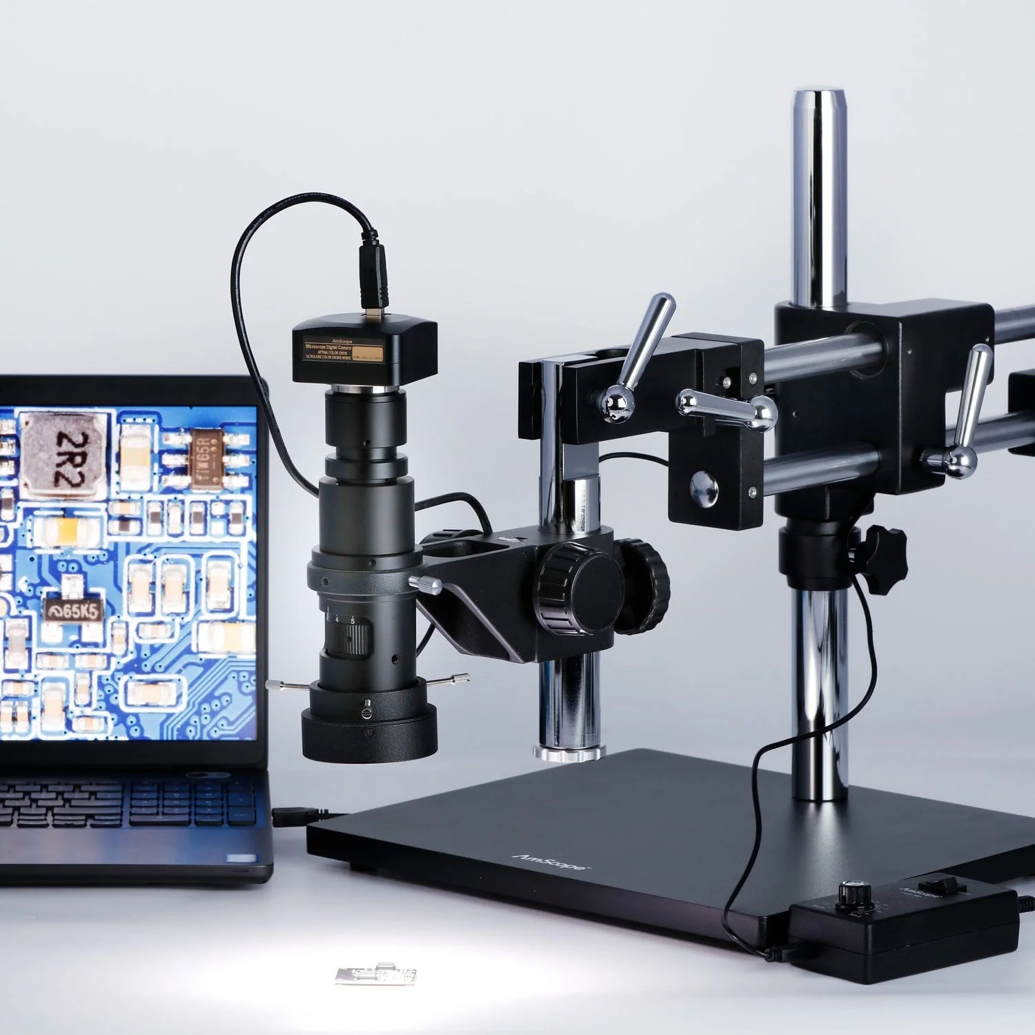AmScope H800 Series Zoom Inspection Monocular Stereo Microscope 0.7X-5X Magnification on Double-Arm Boom-Stand with LED Ring Light and Optional USB Camera - Image 7