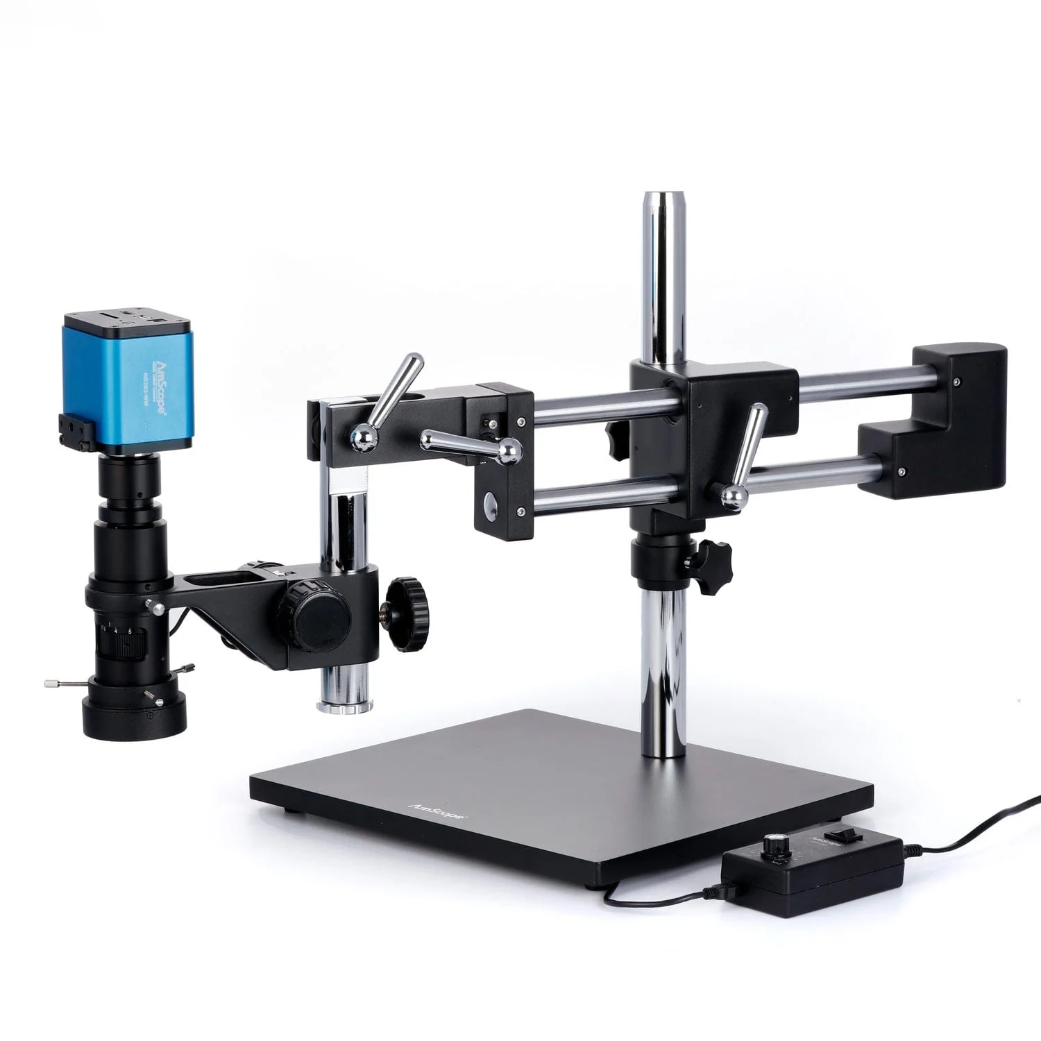 AmScope H800 Series Zoom Inspection Monocular Stereo Microscope 0.7X-5X Magnification with LED Ring Light on Double-Arm Boom-Stand + HDMI Camera