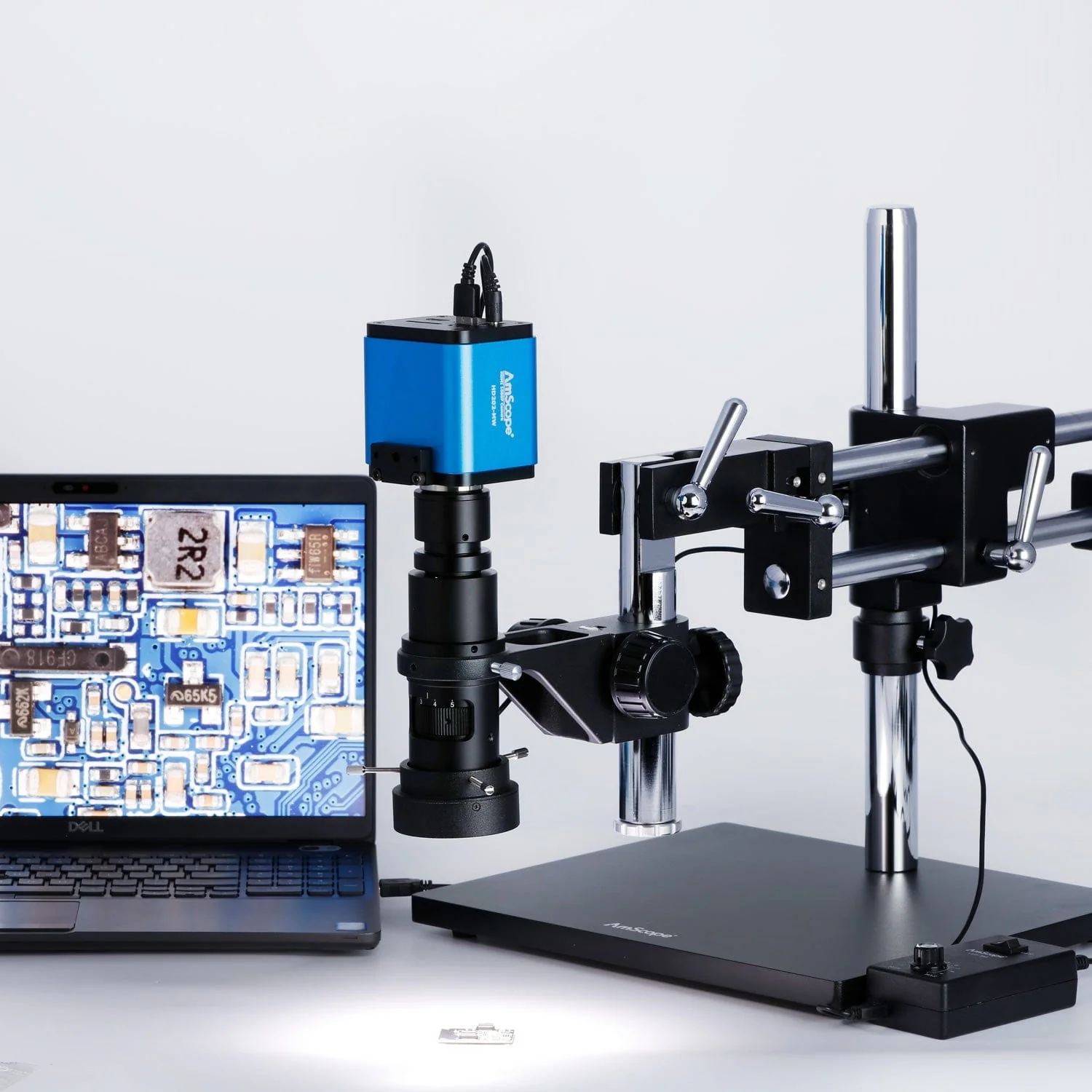 AmScope H800 Series Zoom Inspection Monocular Stereo Microscope 0.7X-5X Magnification with LED Ring Light on Double-Arm Boom-Stand + HDMI Camera - Image 2