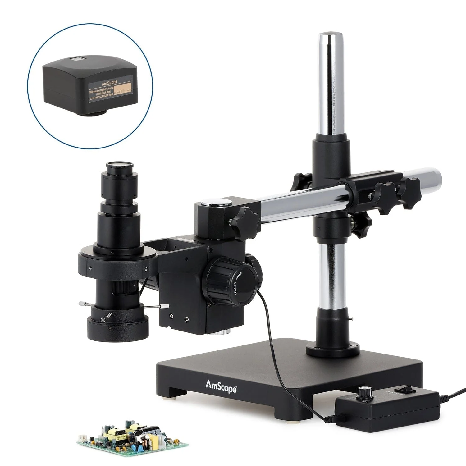 AmScope H800 Series Zoom Inspection Monocular Stereo Microscope 0.7X-5X Magnification on Single-Arm Boom-Stand with LED Ring Light and Optional USB Camera - Image 2