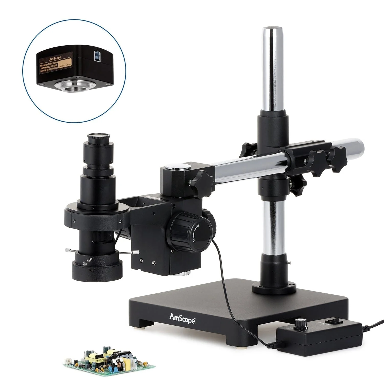 AmScope H800 Series Zoom Inspection Monocular Stereo Microscope 0.7X-5X Magnification on Single-Arm Boom-Stand with LED Ring Light and Optional USB Camera - Image 3