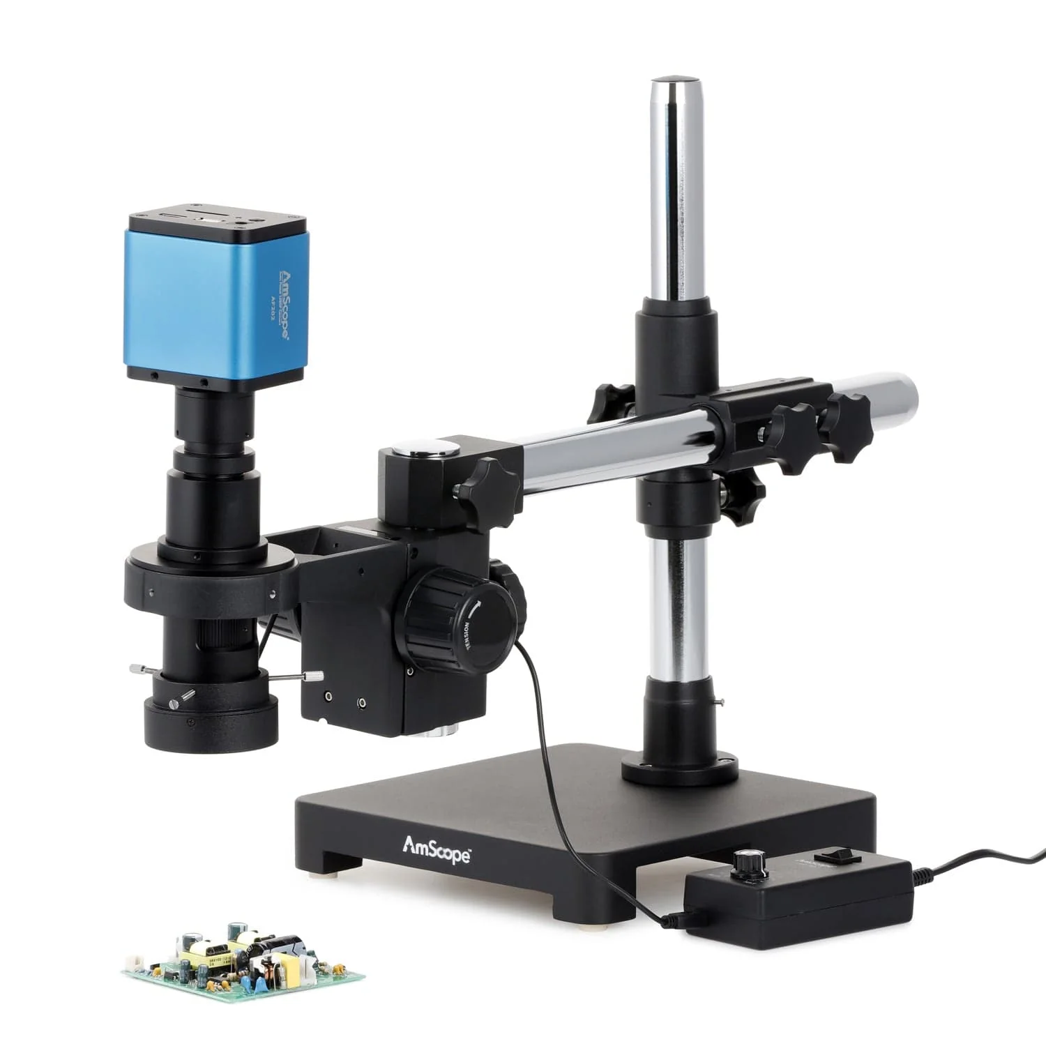 AmScope H800 Zoom Inspection Monocular Stereo Microscope 0.7X-5X Magnification with LED Ring Light on Single-Arm Boom-Stand + Auto-Focus HDMI Camera