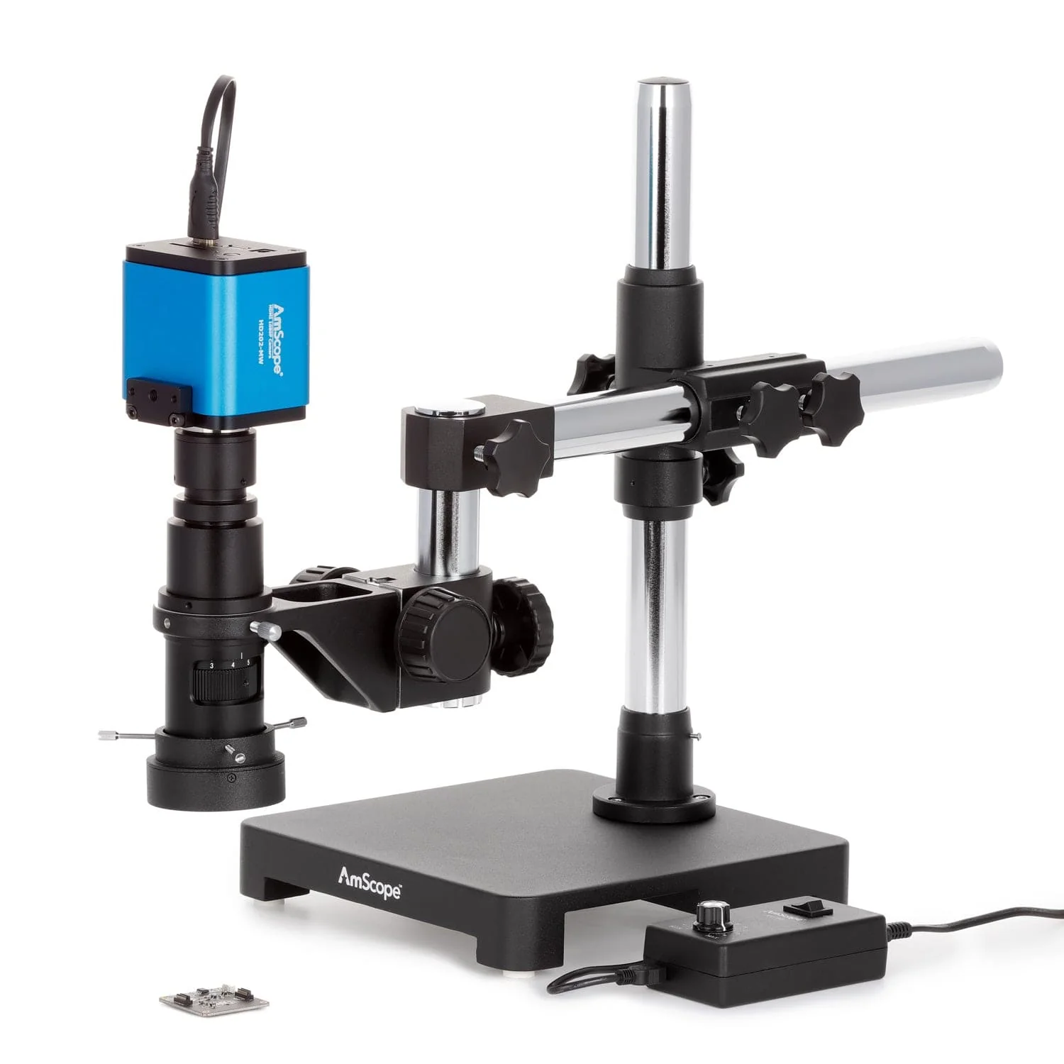 AmScope H800 Series Zoom Inspection Monocular Stereo Microscope 0.7X-5X Magnification with LED Ring Light on Single-Arm Boom-Stand + HDMI Camera