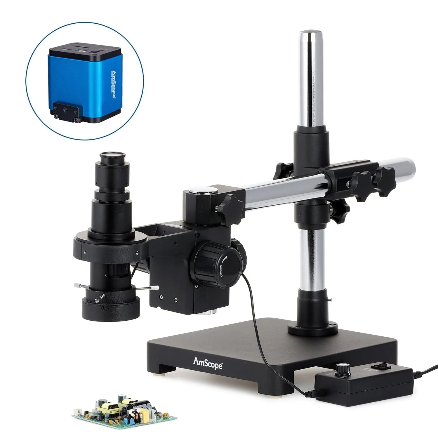 AmScope H800 Series Zoom Inspection Monocular Stereo Microscope 0.7X-5X Magnification with LED Ring Light on Single-Arm Boom-Stand + HDMI Camera - Image 2