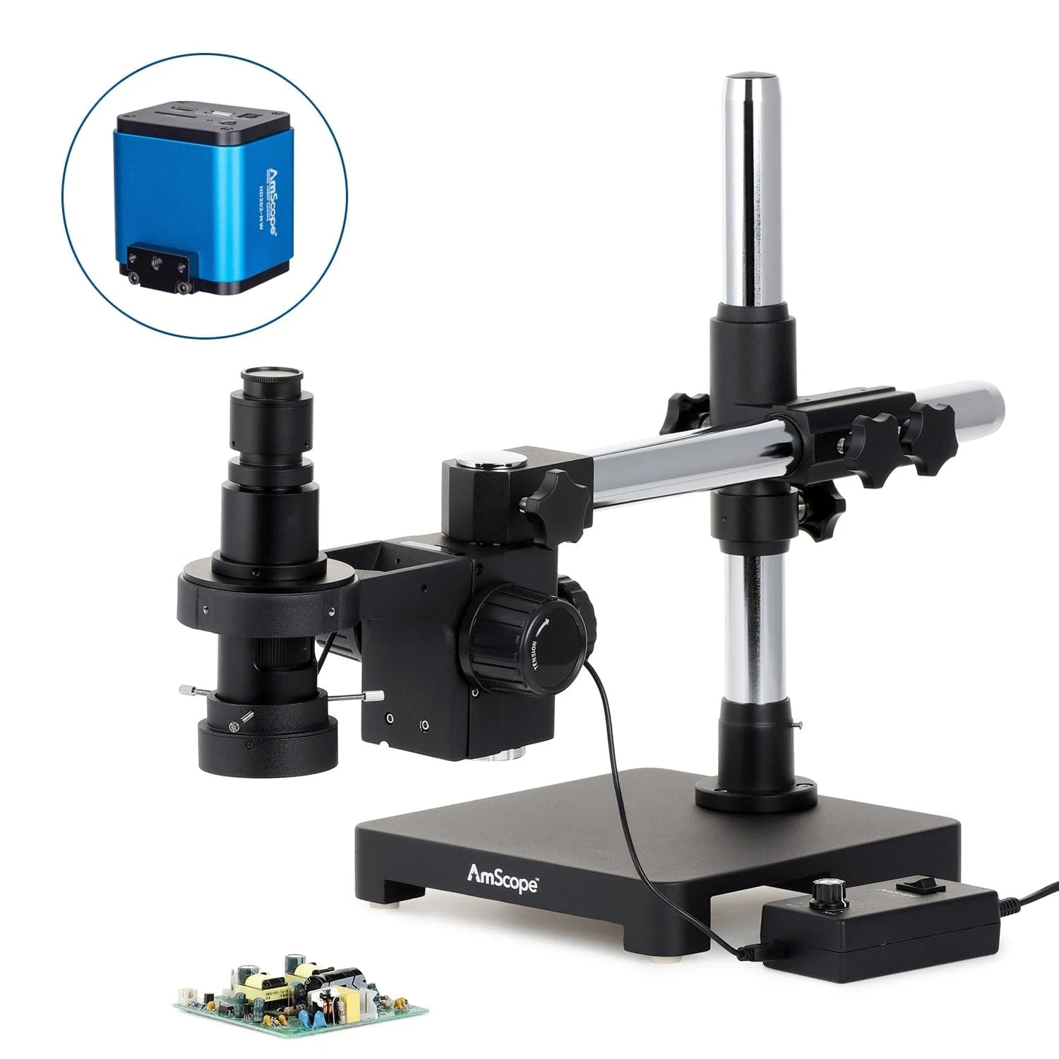 AmScope H800 Series Zoom Inspection Monocular Stereo Microscope 0.7X-5X Magnification with LED Ring Light on Single-Arm Boom-Stand + HDMI Camera - Image 3