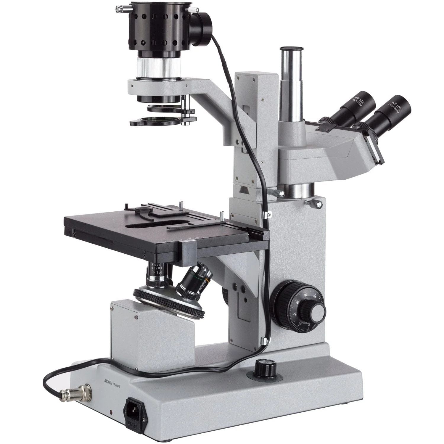 AmScope IN200 Series Inverted Biological Trinocular Compound Microscope with 50W Halogen and Optional Digital Camera