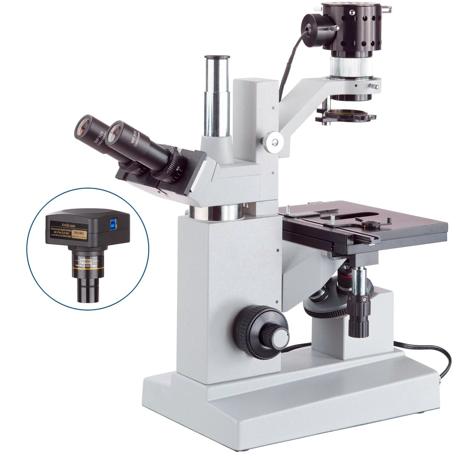 AmScope IN200 Series Inverted Biological Trinocular Compound Microscope with 50W Halogen and Optional Digital Camera - Image 3