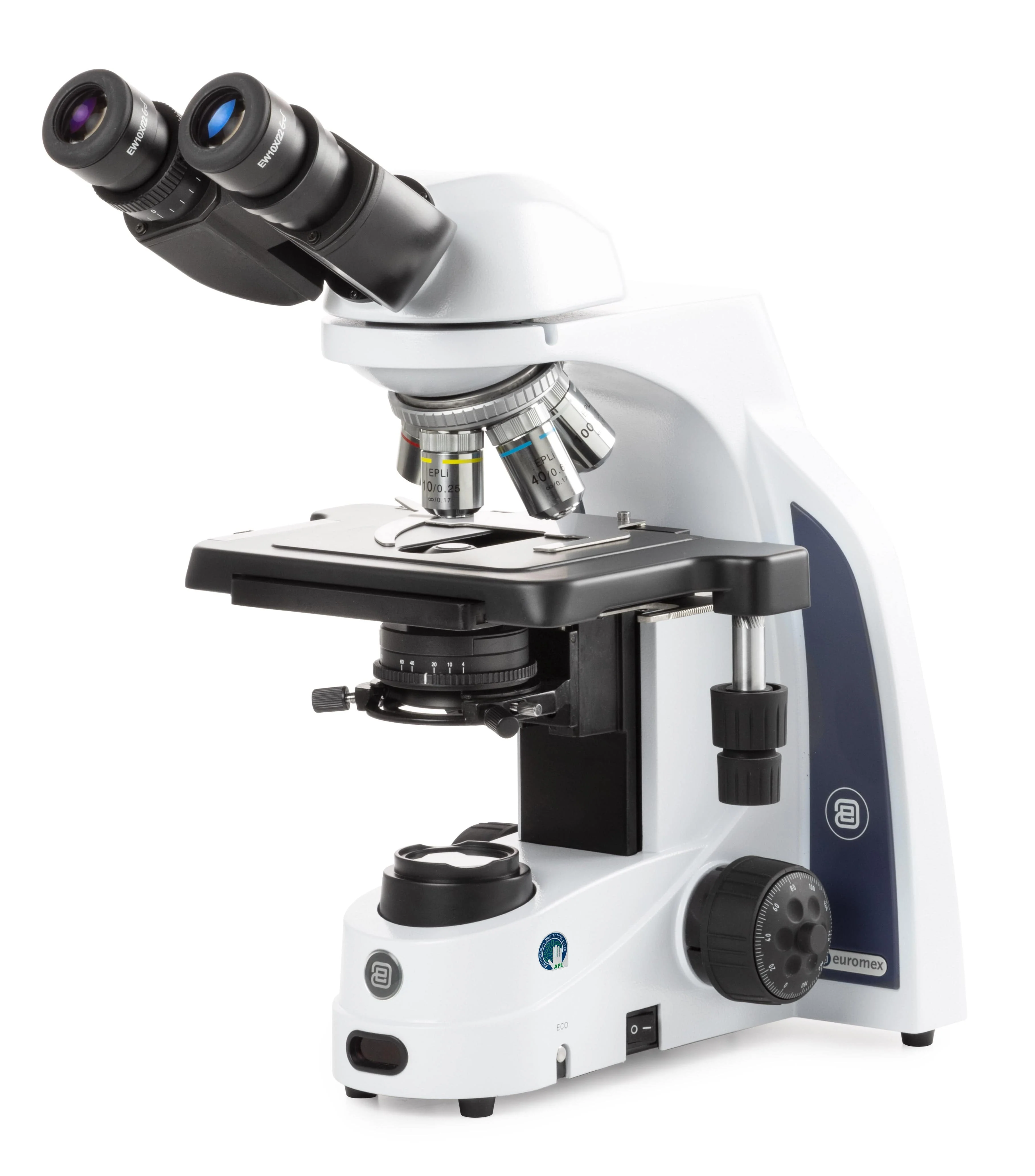 Euromex iScope Series Binocular Compound Microscope w/ EWF 10x/22 mm Eyepieces, E-plan EPLi 4/10/S40/S100x Oil IOS Objectives, Rackless Stage and 3W NeoLED™ Illumination