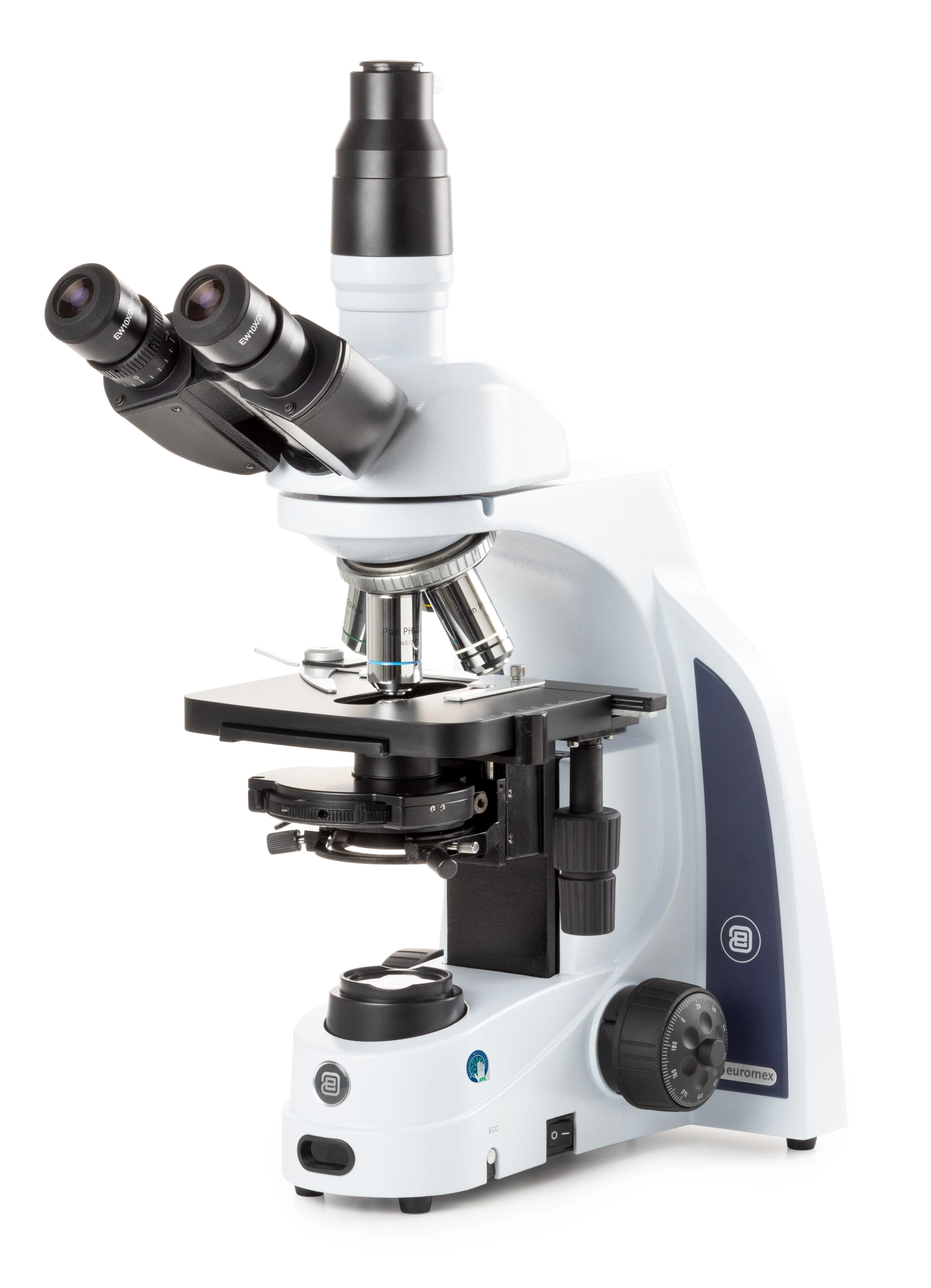 Euromex iScope Series Trinocular Compound Microscope w/ EWF 10x/20 mm Eyepieces, Plan Phase PLPH 10/20/S40/S100x Oil Objectives, Zernike Phase Contrast Disc Condenser w/ Darkfield Stop, and 3 W NeoLED™ Illumination