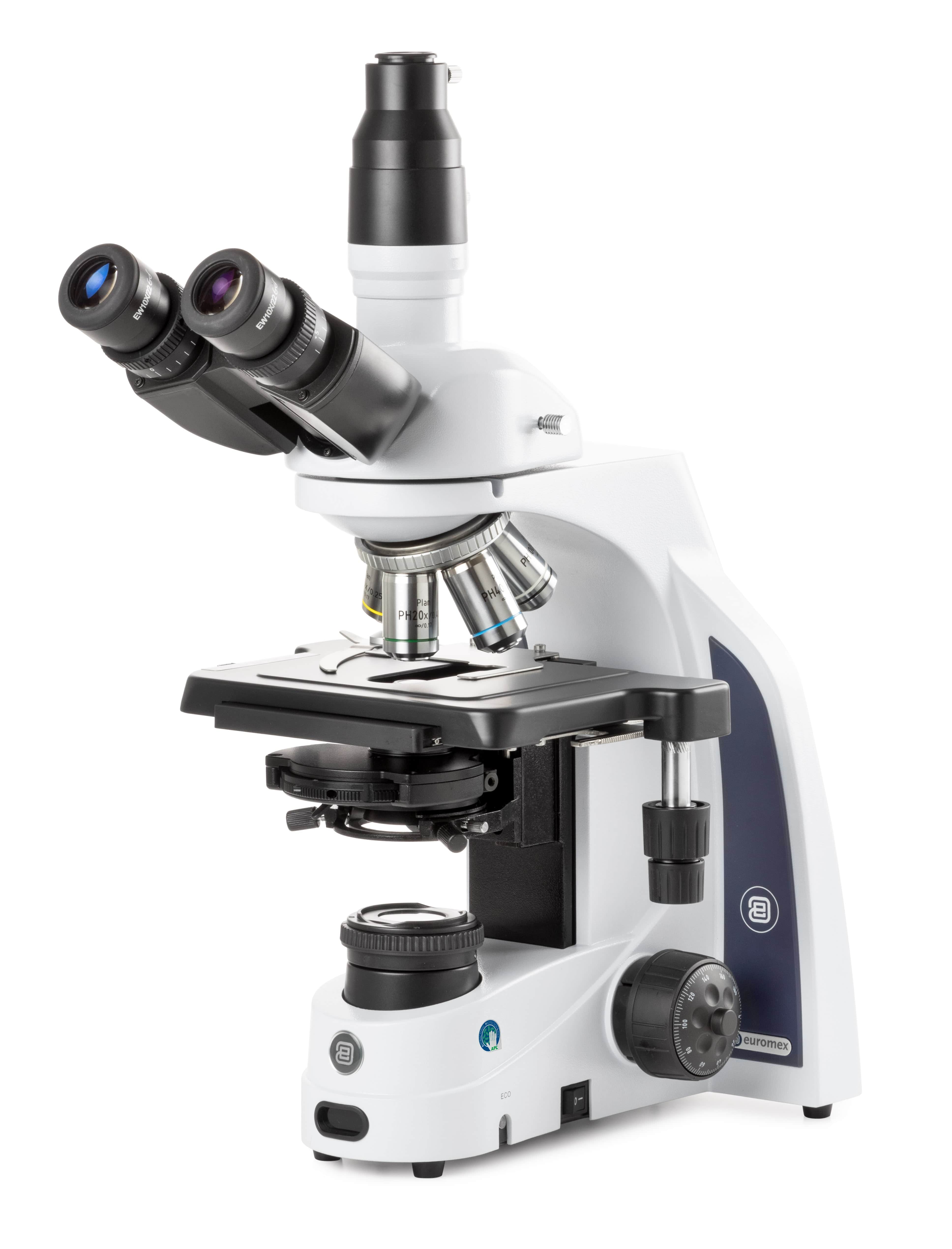 Euromex iScope Series Trinocular Compound Microscope w/ EWF 10x/22 mm Eyepieces, Plan Phase PLPHi 10/20/S40/S100x Oil IOS Objectives, Zernike Phase Contrast Disc Condenser w/ Darkfield Stop, Rackless Stage and Köhler 3 W NeoLED™ Illumination