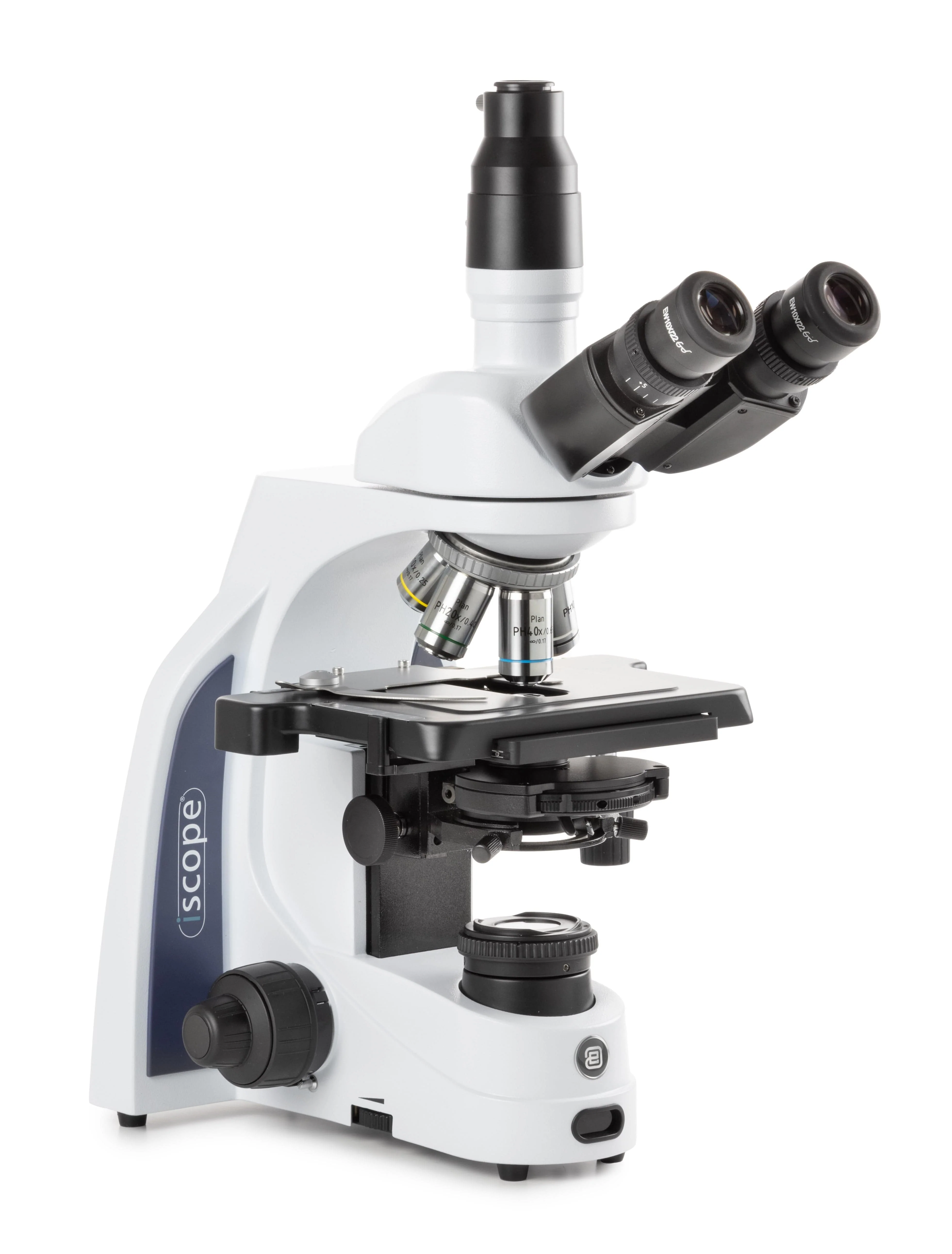 Euromex iScope Series Trinocular Compound Microscope w/ EWF 10x/22 mm Eyepieces, Plan Phase PLPHi 10/20/S40/S100x Oil IOS Objectives, Zernike Phase Contrast Disc Condenser w/ Darkfield Stop, Rackless Stage and Köhler 3 W NeoLED™ Illumination - Image 2