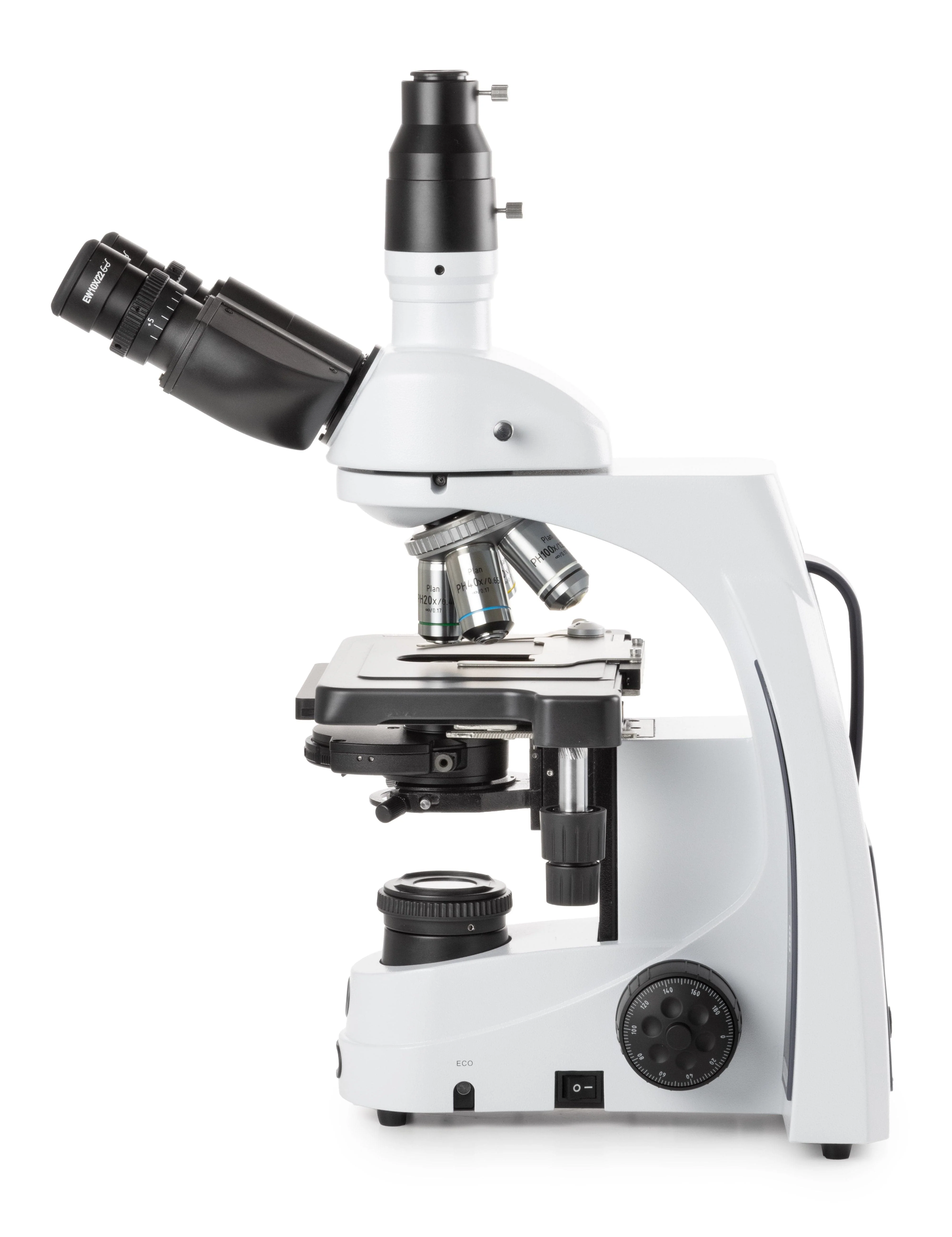 Euromex iScope Series Trinocular Compound Microscope w/ EWF 10x/22 mm Eyepieces, Plan Phase PLPHi 10/20/S40/S100x Oil IOS Objectives, Zernike Phase Contrast Disc Condenser w/ Darkfield Stop, Rackless Stage and Köhler 3 W NeoLED™ Illumination - Image 4