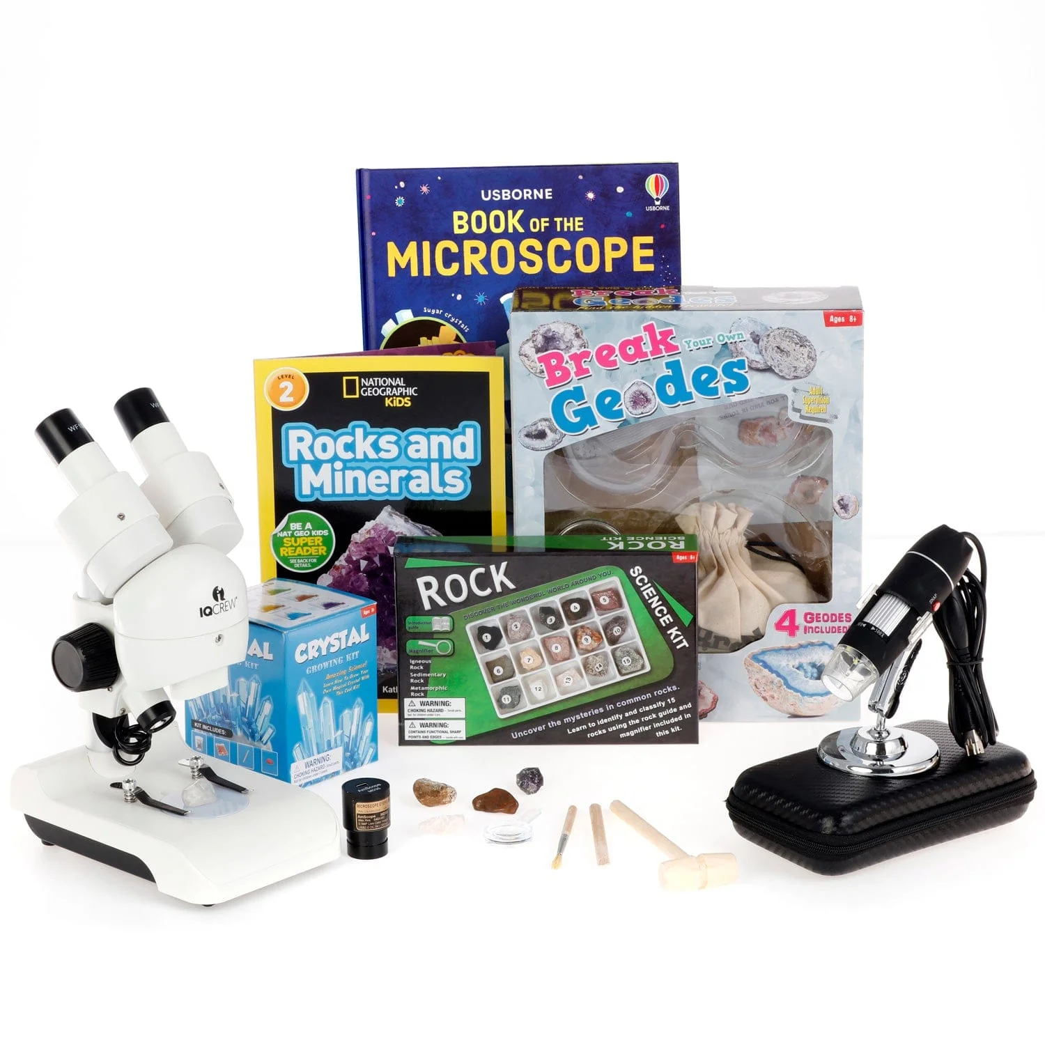 AmScope Kid's Natural Geode Explorer Series Set featuring Deluxe All-In-One Stereo Microscope, Ultimate Natural Geode Exploration Set and more