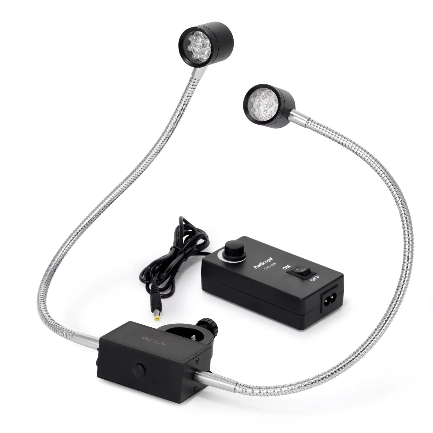 AmScope 8W LED Pillar Clamp Dual Gooseneck Illuminator for Stereo Microscopes