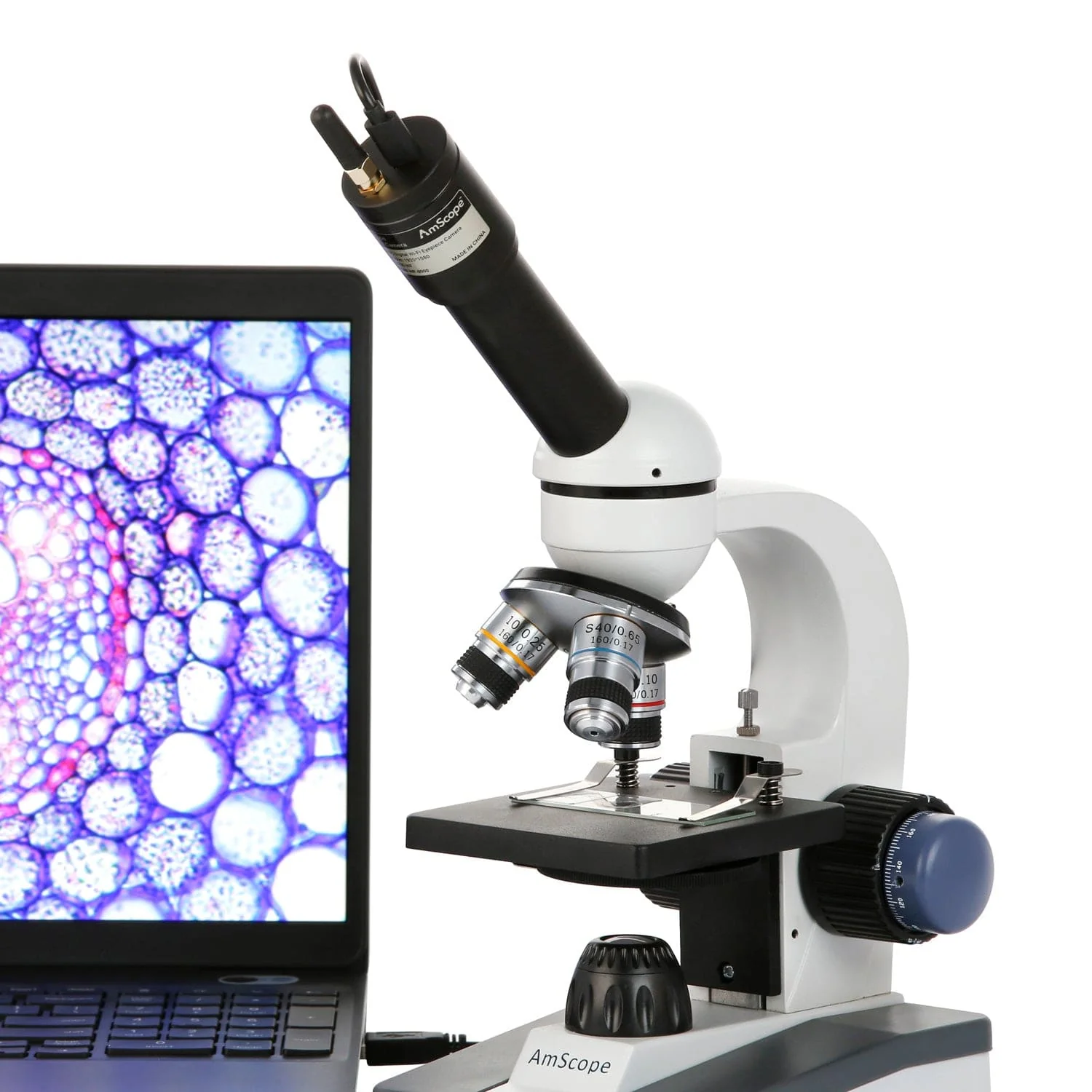 AmScope Monocular Compound Microscope 40X-1000X MagnificationStudent, Battery Powered w/ LED Illumination + Wi-Fi 2.0MP Digital Eyepiece Camera - Image 3