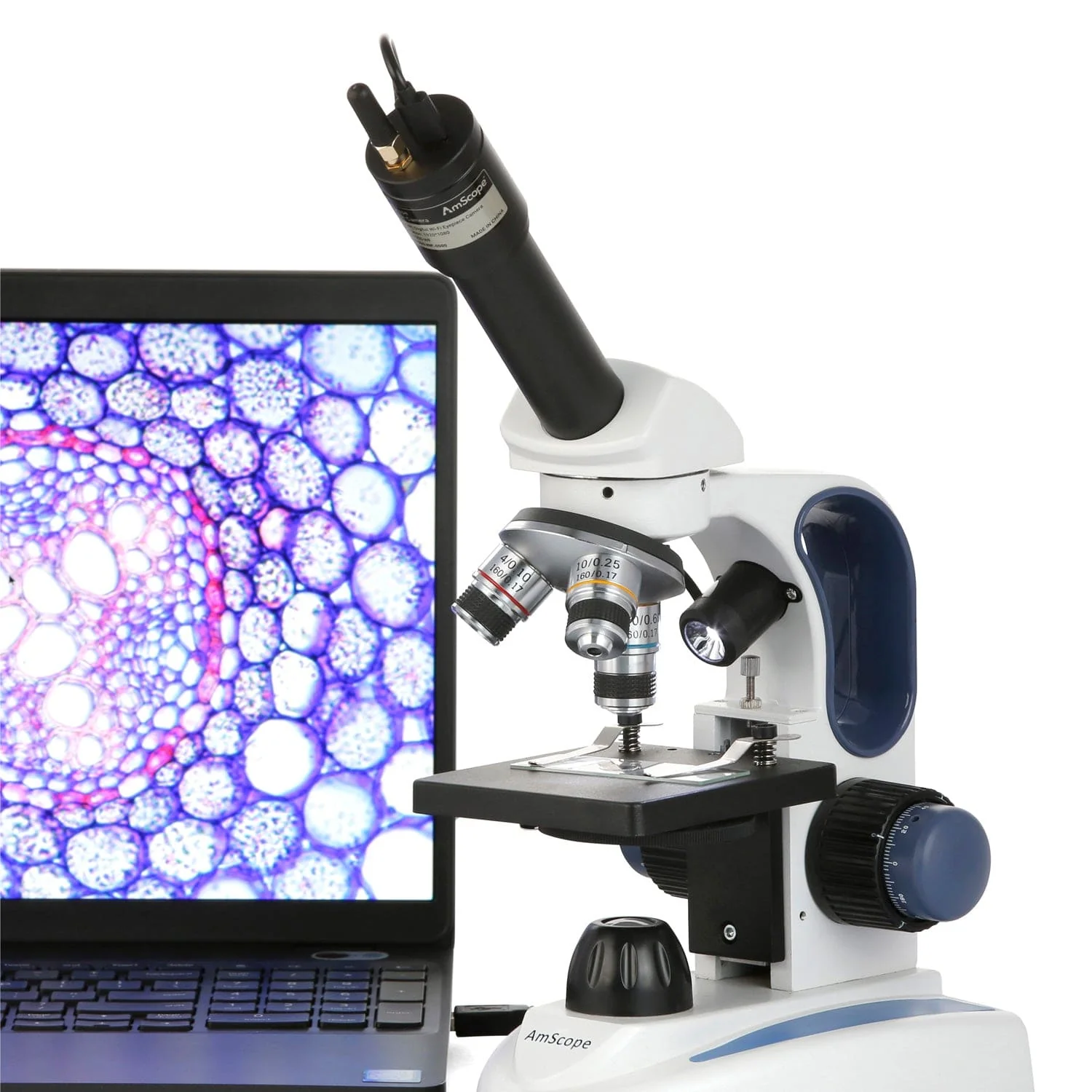 AmScope Monocular Compound Microscope 40X-1000X Magnification, Student, Battery Powered + Dual LED Illumination + Wi-Fi 2.0MP Digital Eyepiece Camera - Image 3