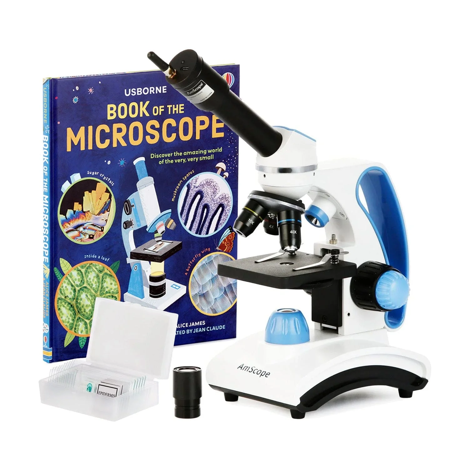 AmScope Monocular Compound Microscope 40X-1000X MagnificationStudent, Battery Powered w/ Top & Bottom LED + Wi-Fi 2.0MP Digital Eyepiece Camera, 10pc Slide Kit, & Microscope Book