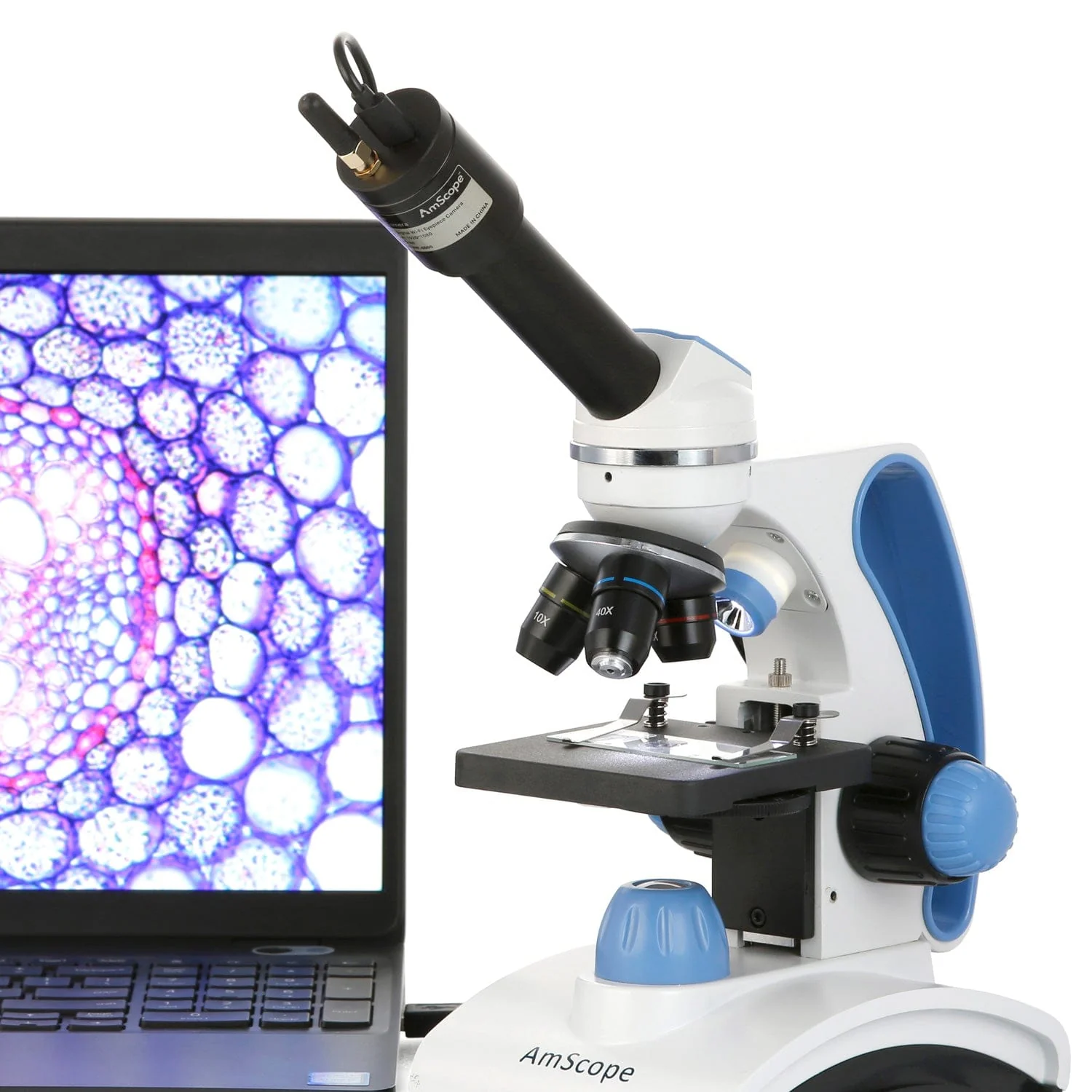 AmScope Monocular Compound Microscope 40X-1000X MagnificationStudent, Battery Powered w/ Top & Bottom LED + Wi-Fi 2.0MP Digital Eyepiece Camera, 10pc Slide Kit, & Microscope Book - Image 2