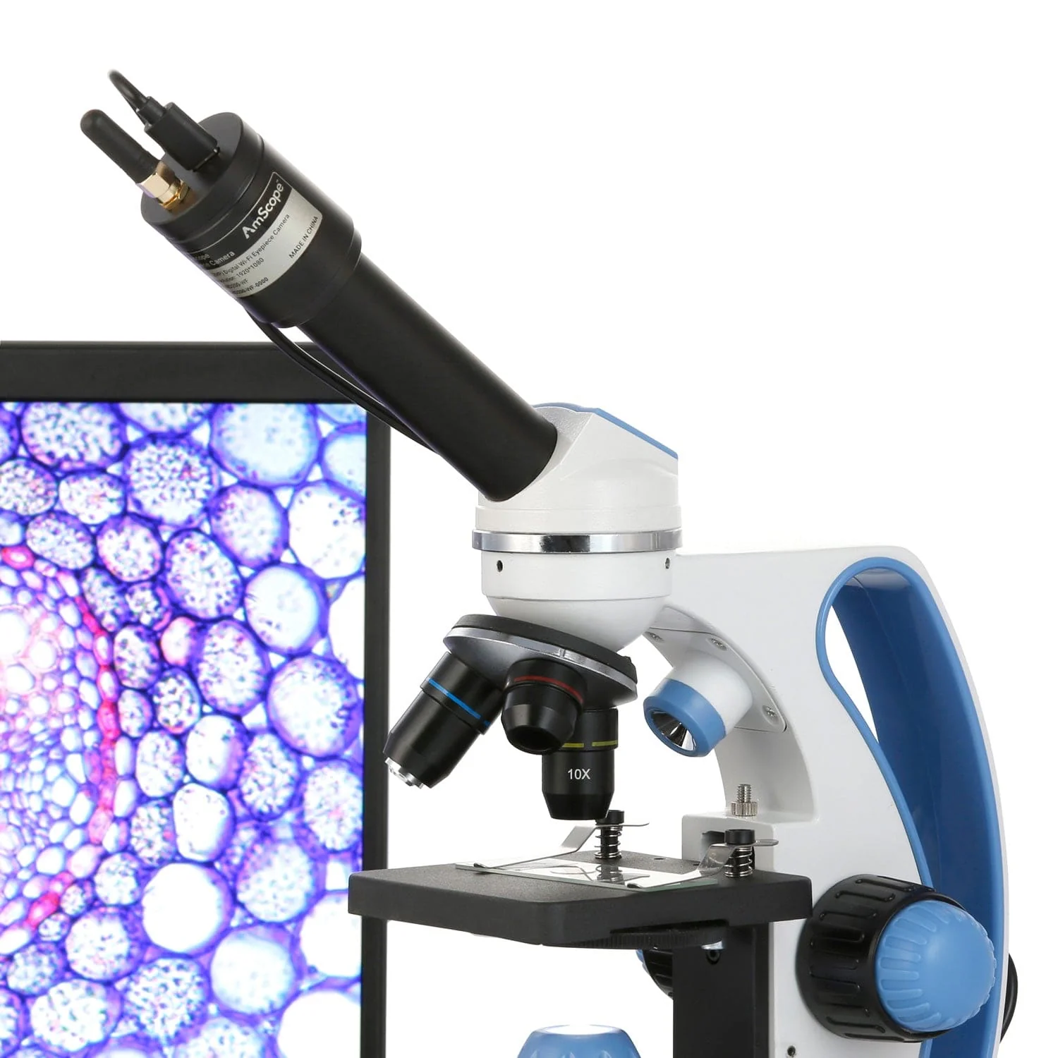 AmScope Monocular Compound Microscope 40X-1000X MagnificationStudent, Battery Powered w/ Top & Bottom LED + Wi-Fi 2.0MP Digital Eyepiece Camera, 10pc Slide Kit, & Microscope Book - Image 6