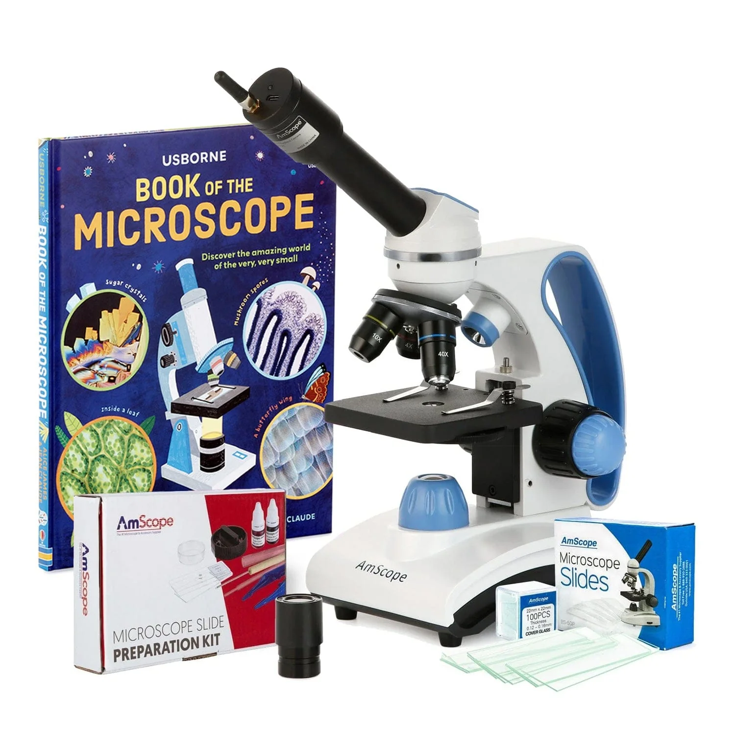 AmScope Monocular Compound Microscope 40X-1000X Magnification, Student, Portable + Dual Illumination LED + Wi-Fi 2.0MP Digital Eyepiece Camera + Blank & Prepared Slides + Microscope Book