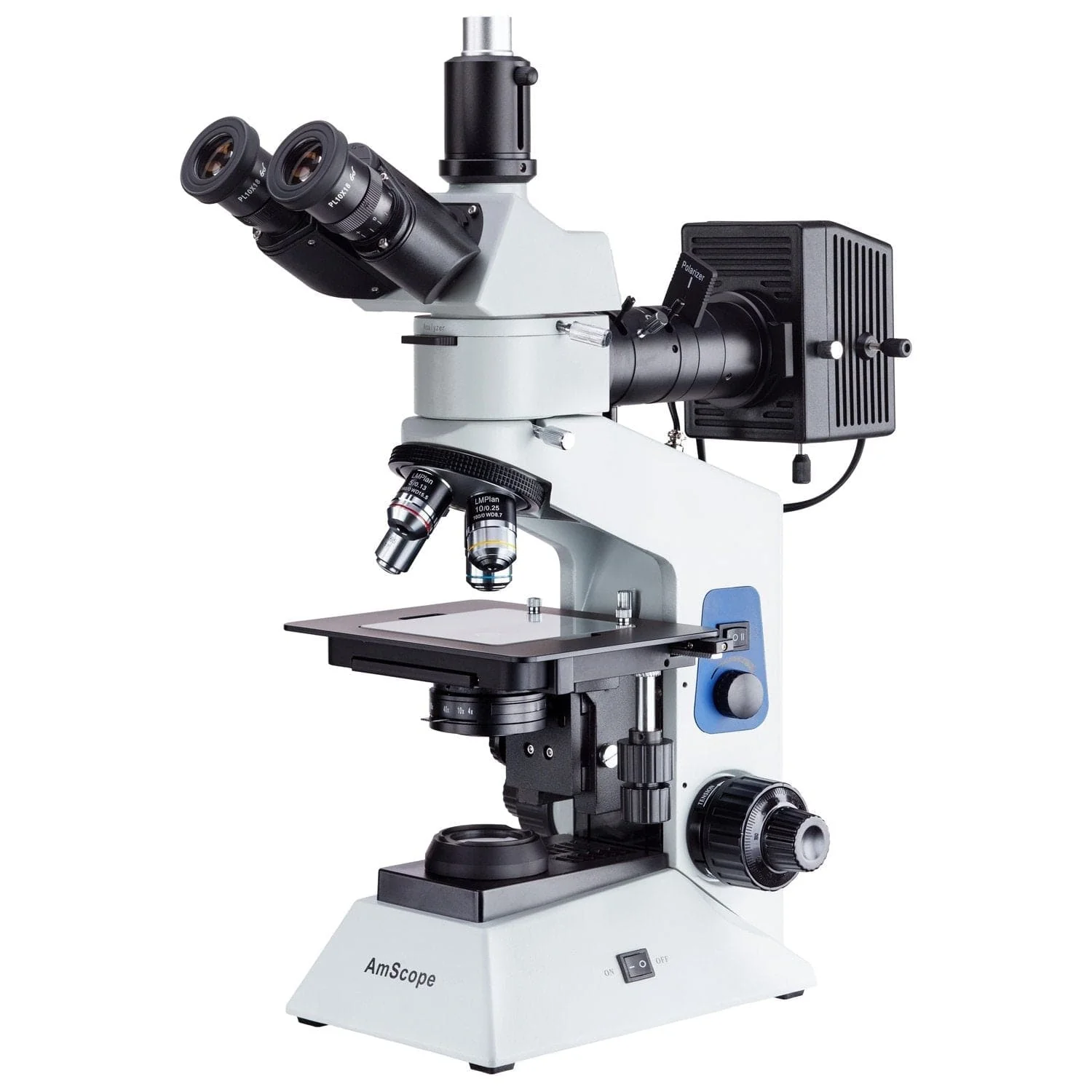 AmScope ME580 Series Compact Trinocular Metallurgical Compound Microscope Dual Illumination Polarized Light w/Optional Digital Camera