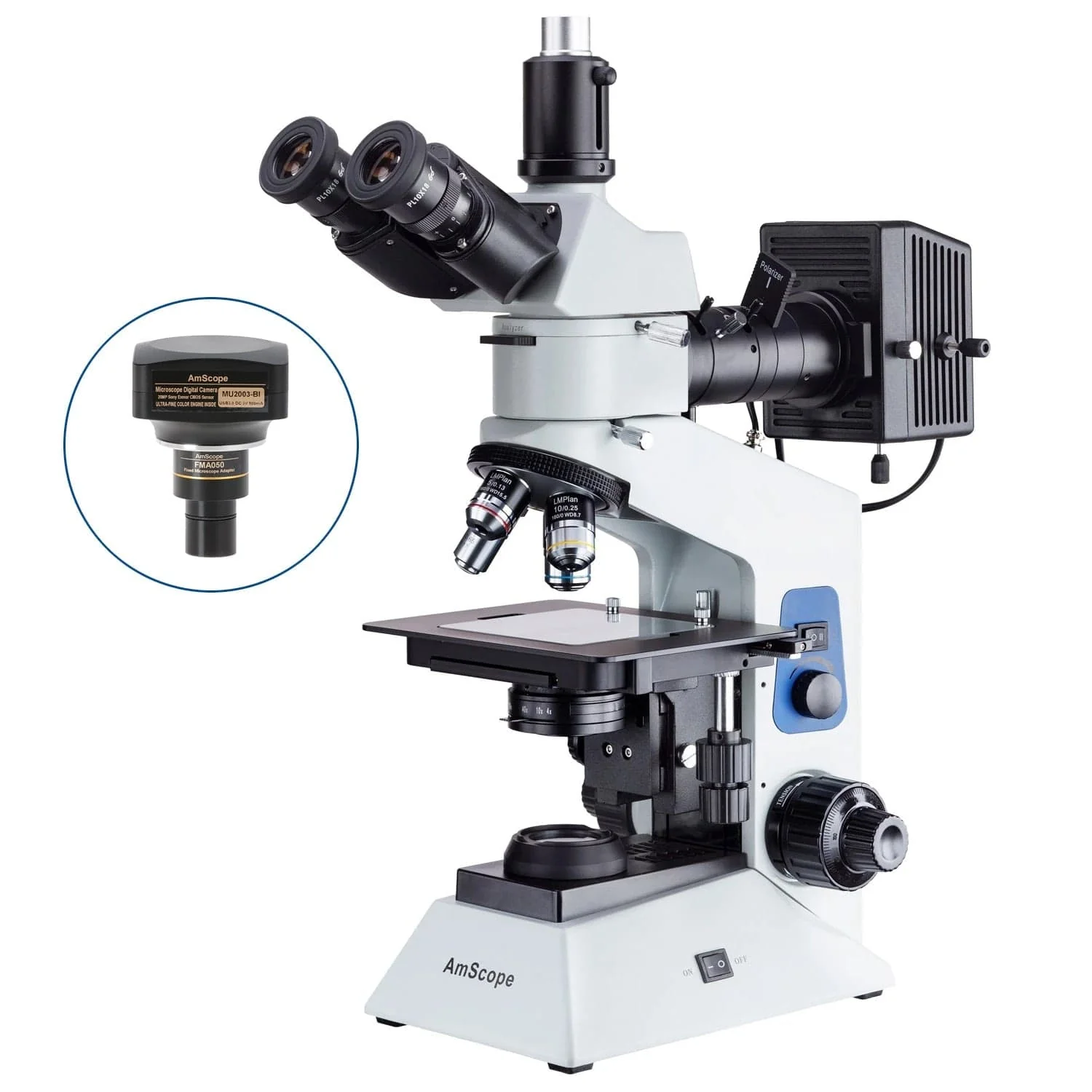 AmScope ME580 Series Compact Trinocular Metallurgical Compound Microscope Dual Illumination Polarized Light w/Optional Digital Camera - Image 3