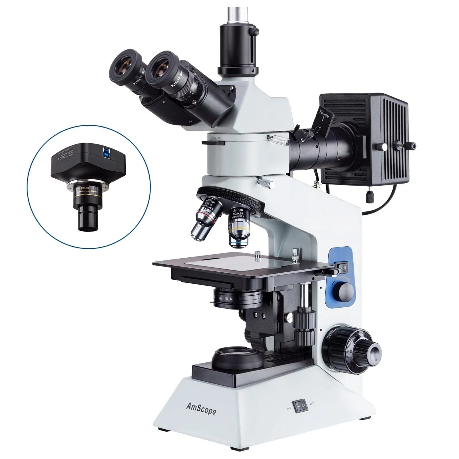 AmScope ME580 Series Compact Trinocular Metallurgical Compound Microscope Dual Illumination Polarized Light w/Optional Digital Camera - Image 4