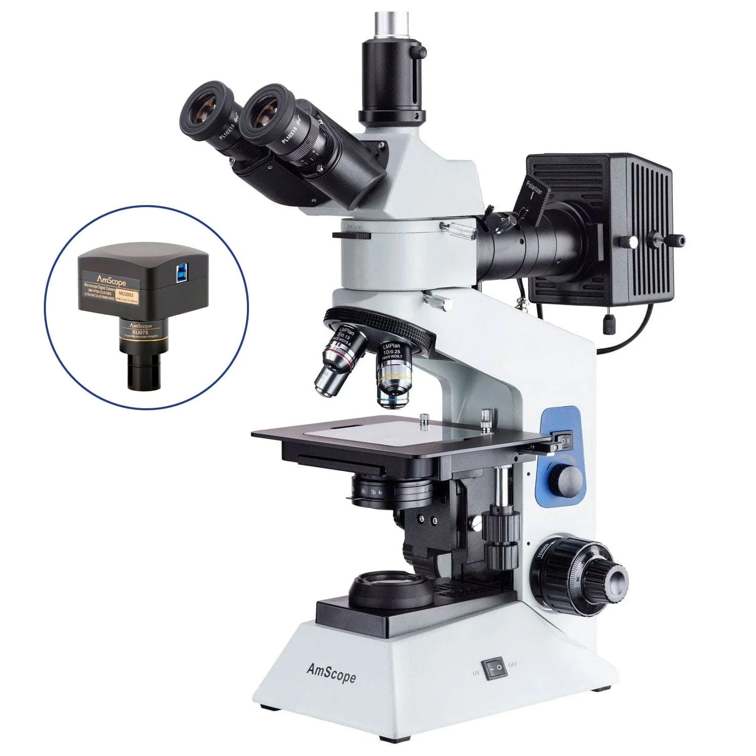 AmScope ME580 Series Compact Trinocular Metallurgical Compound Microscope Dual Illumination Polarized Light w/Optional Digital Camera - Image 5