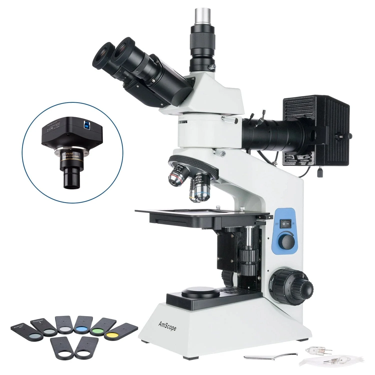 AmScope ME580 Series Compact Metallurgical Upright Trinocular Compound Microscope with Polarized Light and Optional Digital Camera - Image 4