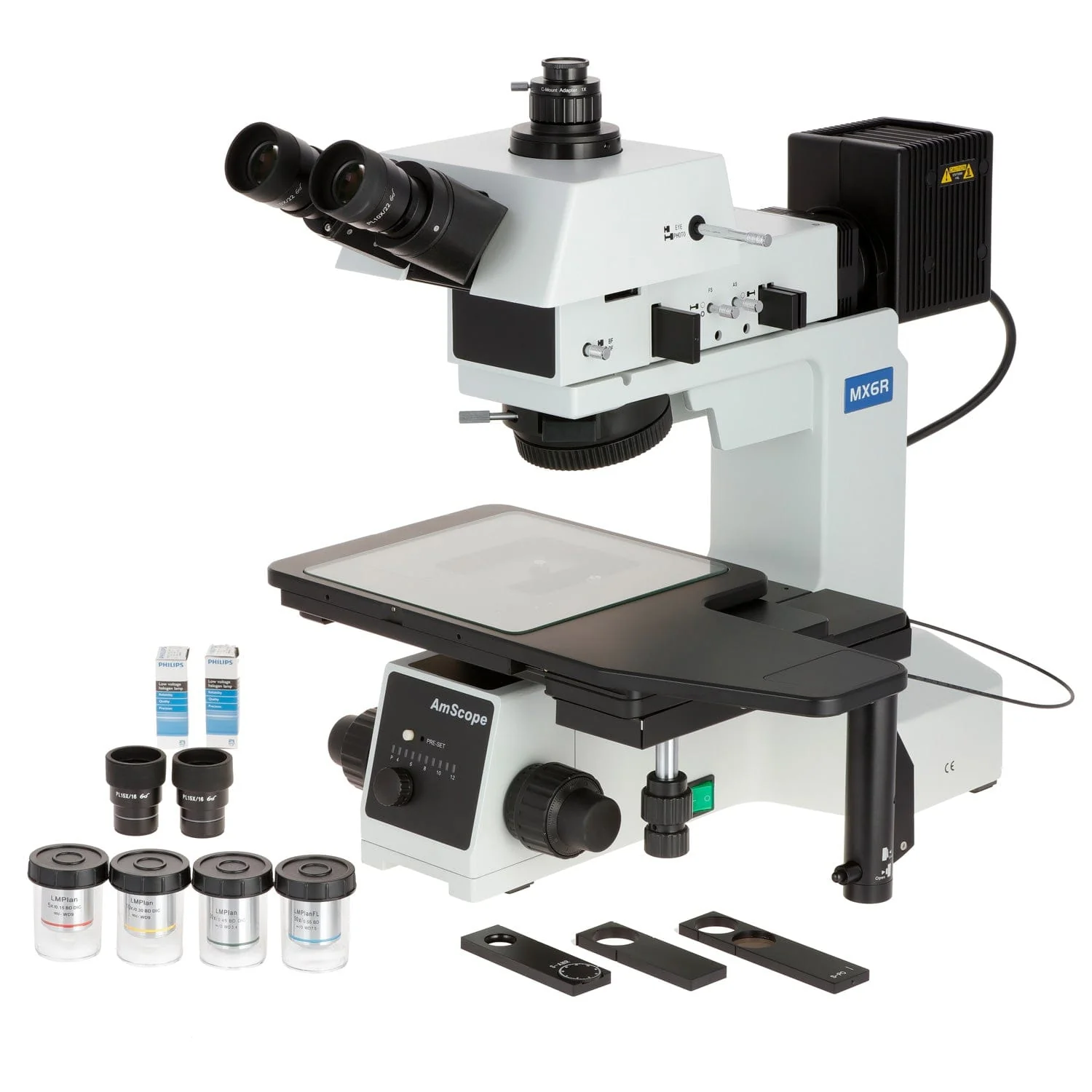 AmScope ME600 Series Brightfield, Darkfield and Polarizing Metallurgical Trinocular Compound Microscope with Large-Format Stage and Optional Digital Camera - Image 10