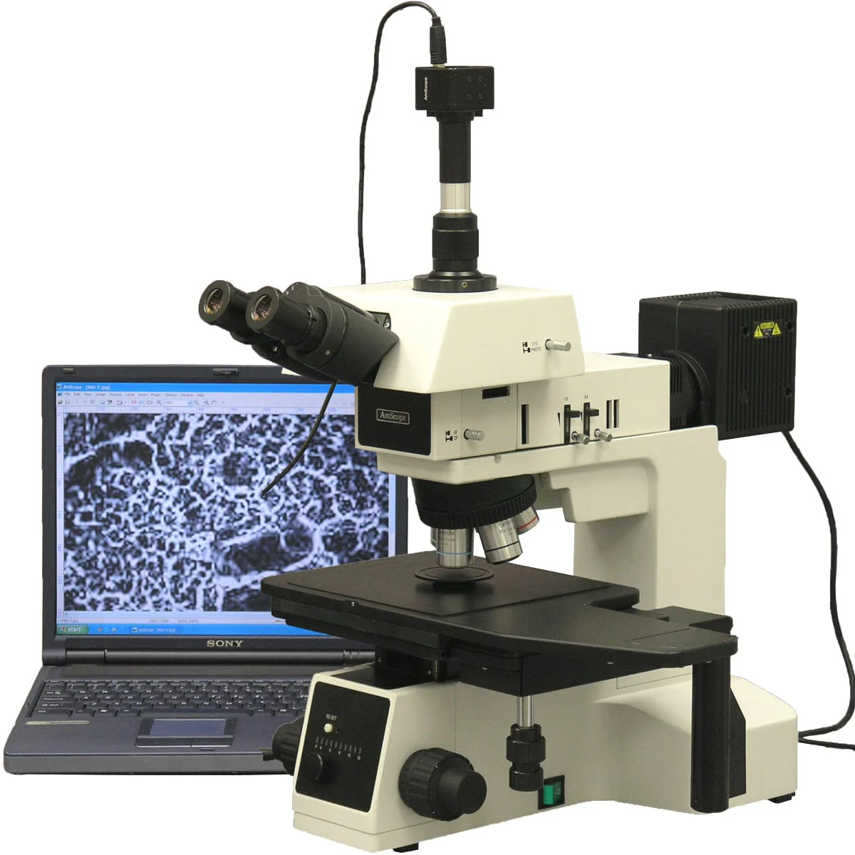 AmScope ME600 Series Brightfield, Darkfield and Polarizing Metallurgical Trinocular Compound Microscope with Large-Format Stage and Optional Digital Camera - Image 12
