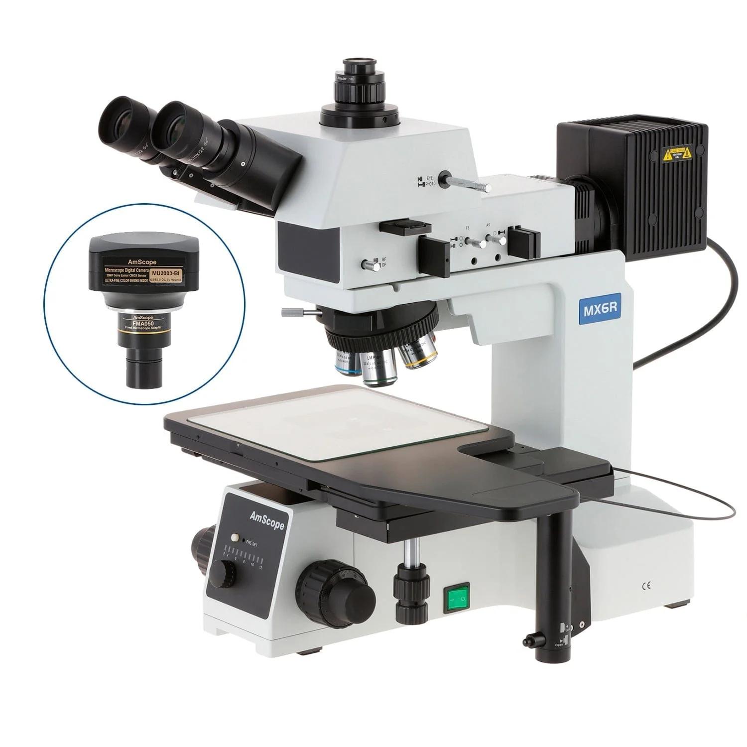 AmScope ME600 Series Brightfield, Darkfield and Polarizing Metallurgical Trinocular Compound Microscope with Large-Format Stage and Optional Digital Camera - Image 3