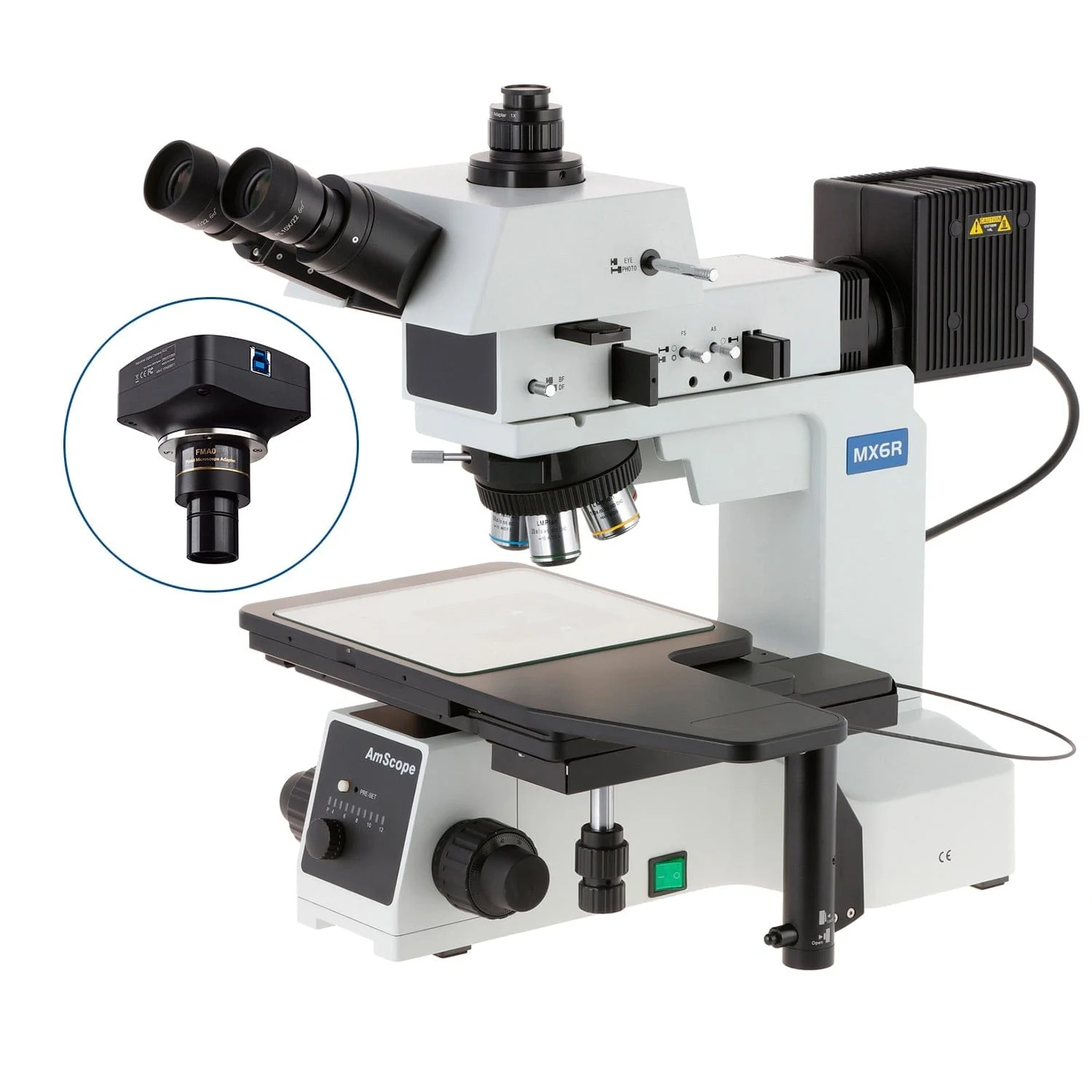 AmScope ME600 Series Brightfield, Darkfield and Polarizing Metallurgical Trinocular Compound Microscope with Large-Format Stage and Optional Digital Camera - Image 6