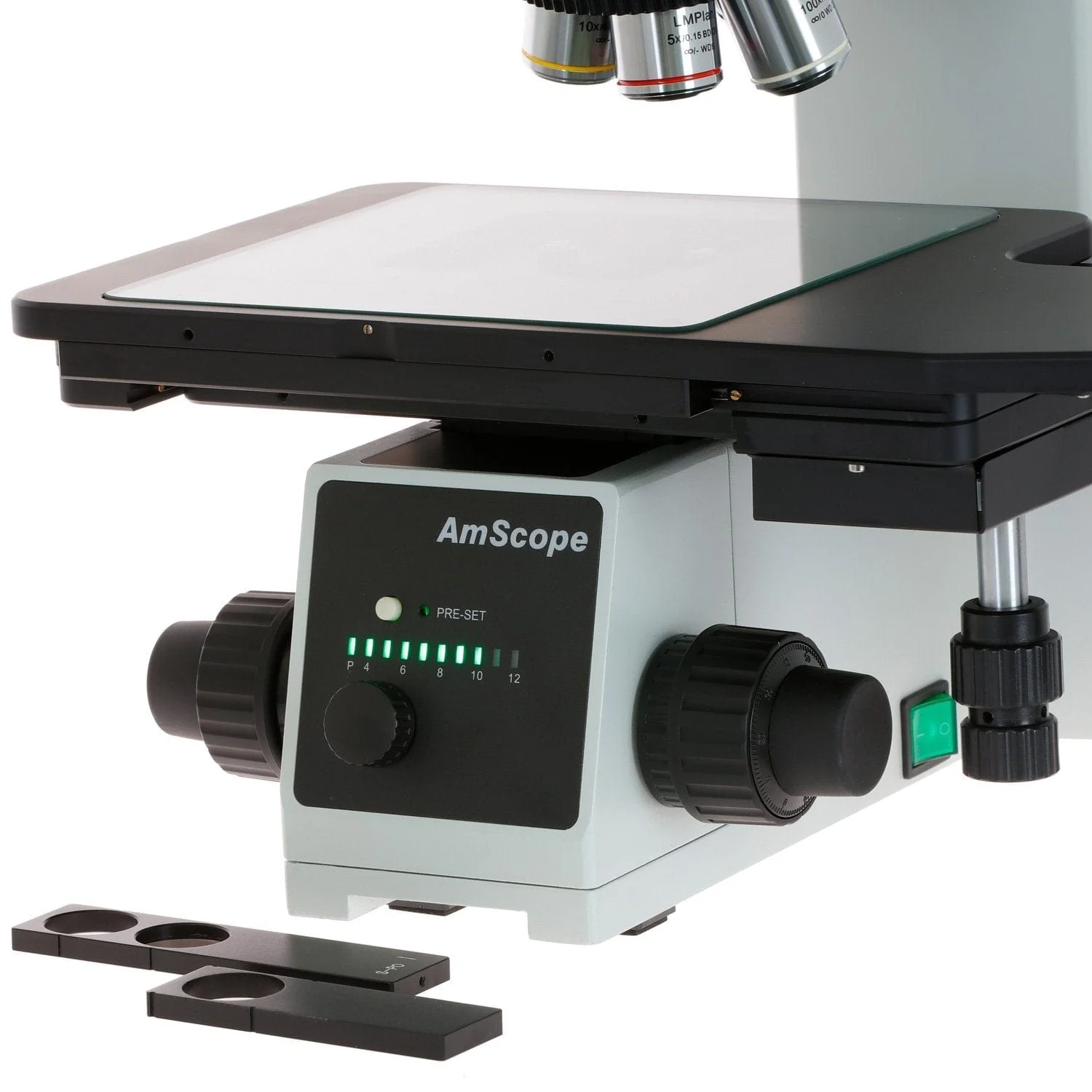 AmScope ME600 Series Large-Format Stage Brightfield and Polarizing Metallurgical Upright Trinocular Compound Microscope with Additional 100X Objective Lens and Optional Digital Camera - Image 8