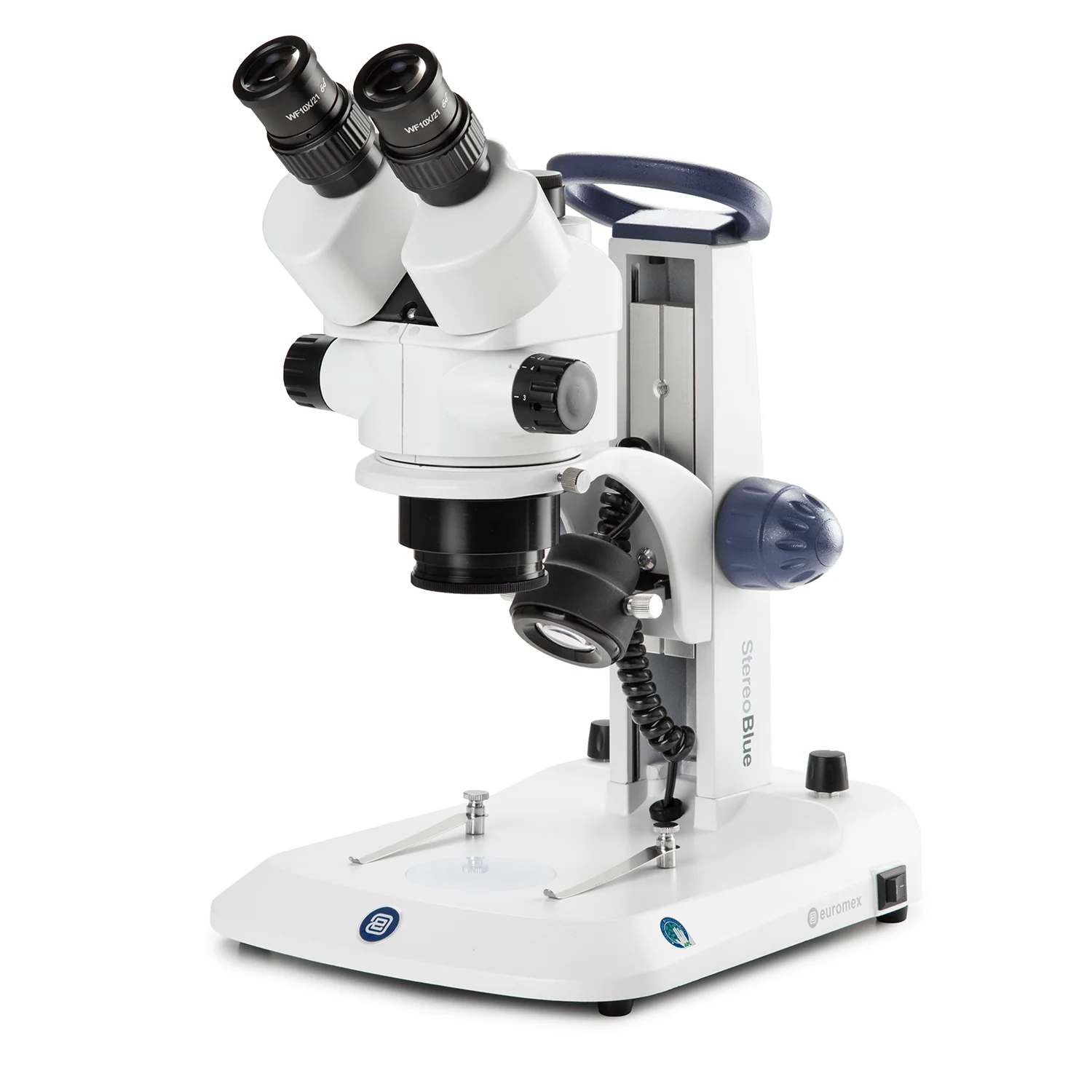 Euromex StereoBlue Series Zoom Trinocular Stereo Microscope 7X-45X Magnification on Rack & Pinion Track Stand with Incident Light and Transmitted LED illumination