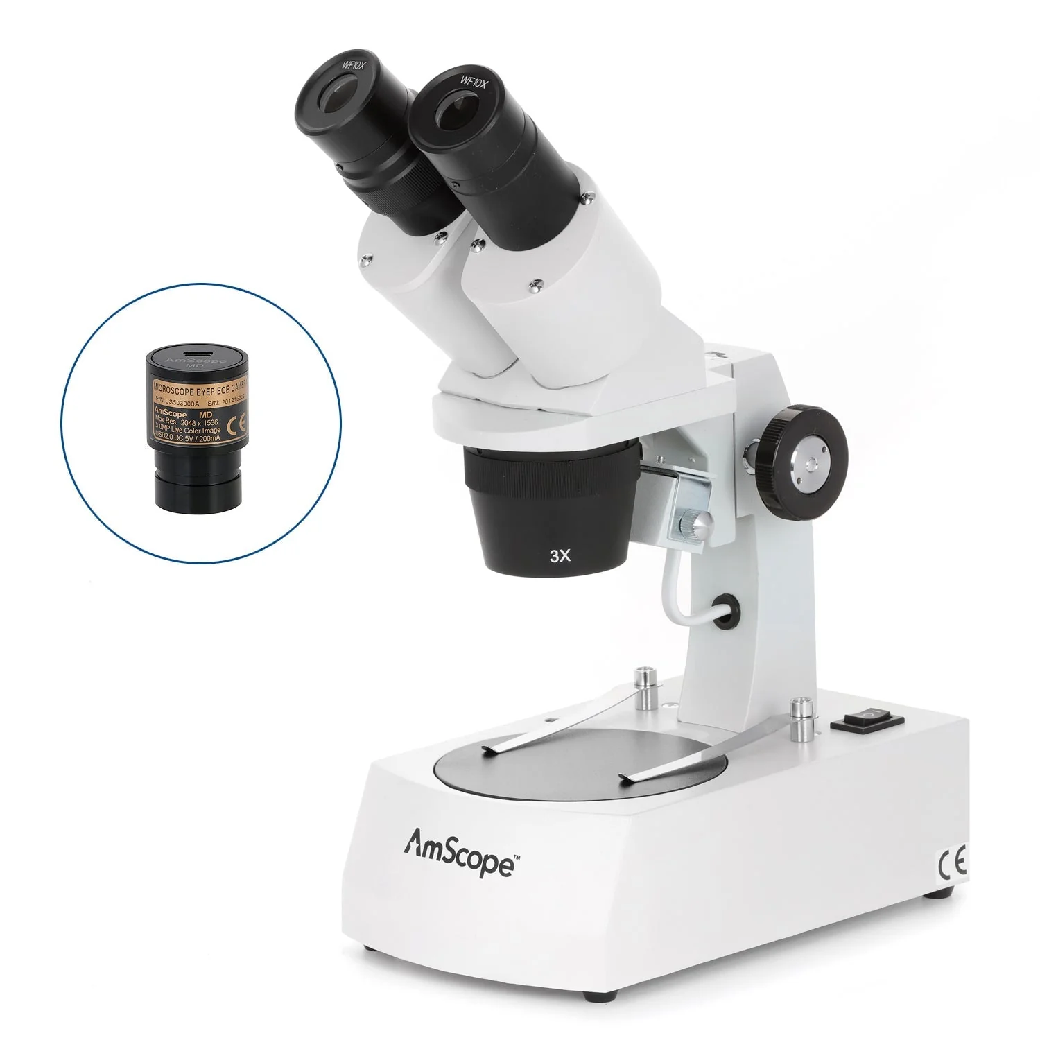 AmScope SE305 Series Compact Multi-Lens Binocular Stereo Microscope on Metal Track Stand with Angled Head, Top and Bottom Halogen Lighting - Image 2
