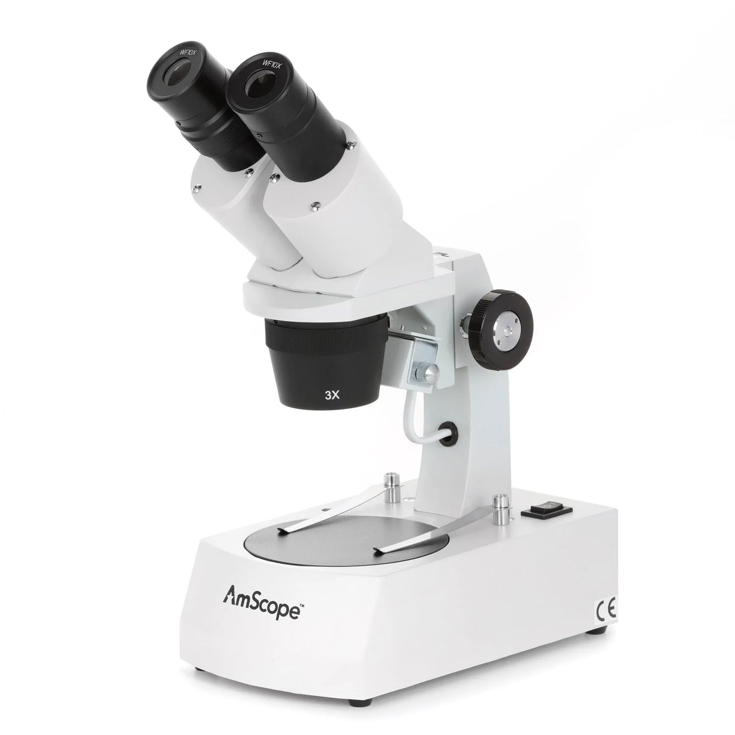 AmScope SE305 Series Compact Multi-Lens Binocular Stereo Microscope on Metal Track Stand with Angled Head, Top and Bottom Halogen Lighting