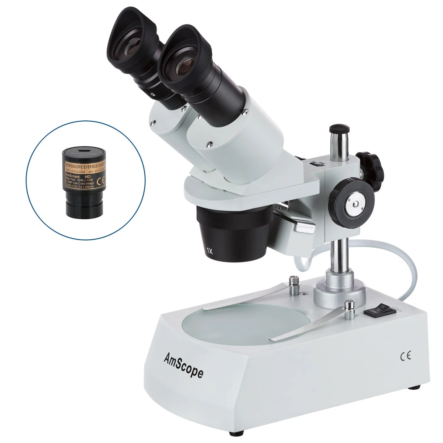 AmScope SE305 Series Compact Multi-Lens Binocular Stereo Microscope w/Angled Head, Metal Pillar Stand, Top and Bottom Halogen Lighting - Image 2
