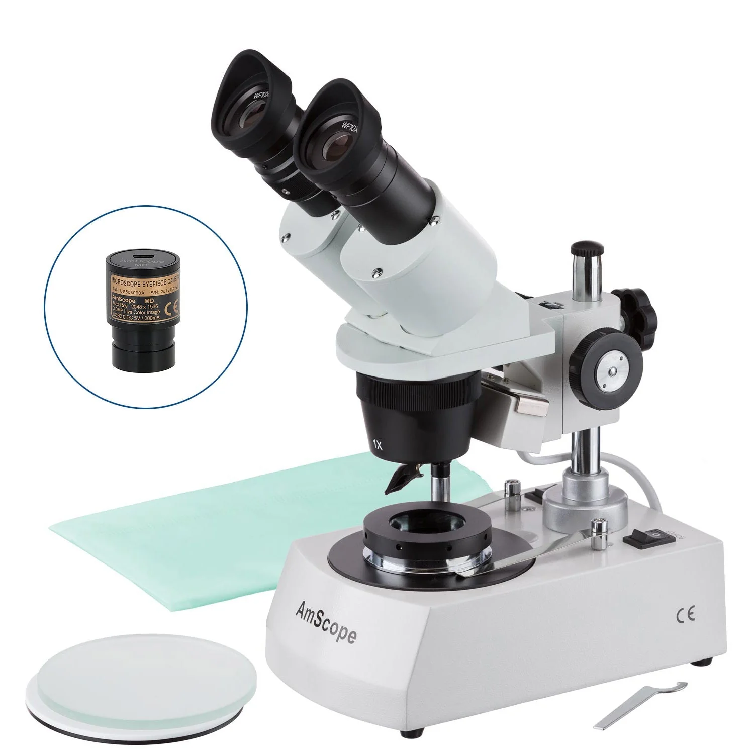 AmScope SE305 Series Compact Jeweler's Darkfield Binocular Stereo Microscope on Metal Pillar Stand with Angled Head, Top and Bottom Halogen Lighting - Image 2