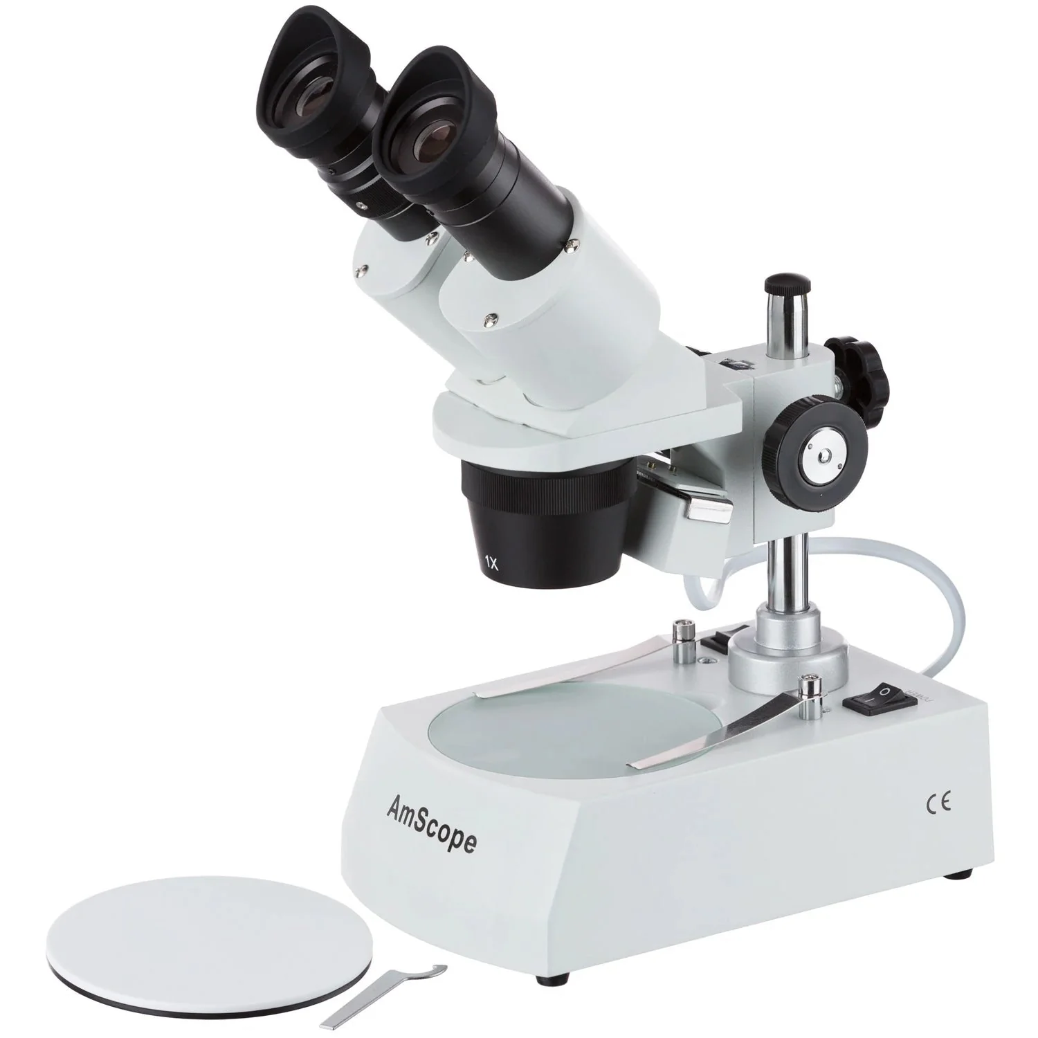AmScope SE305 Series Compact Multi-Lens Binocular Stereo Microscope on Metal Pillar Stand with Angled Head, Top and Bottom Halogen Lighting