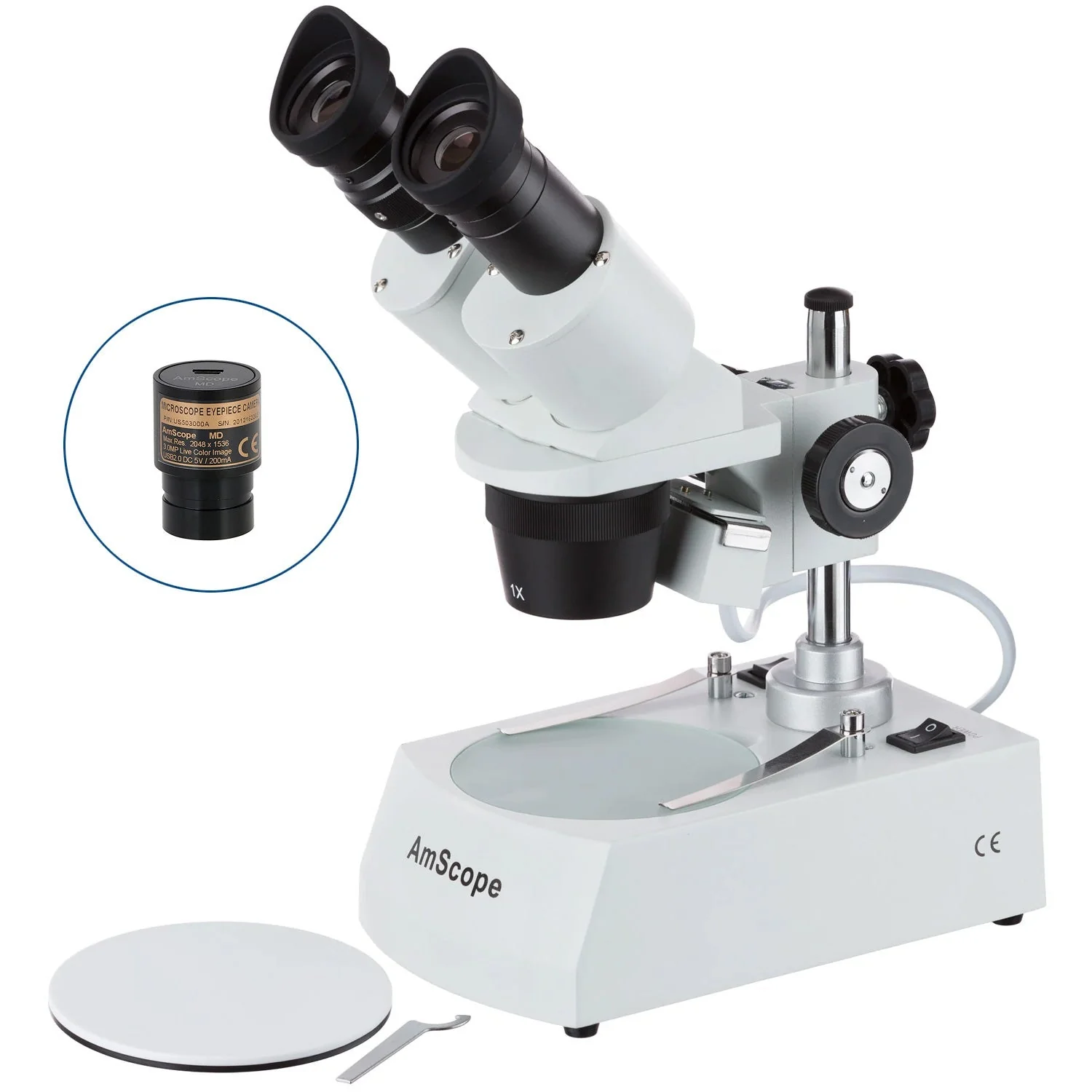AmScope SE305 Series Compact Multi-Lens Binocular Stereo Microscope on Metal Pillar Stand with Angled Head, Top and Bottom Halogen Lighting - Image 2