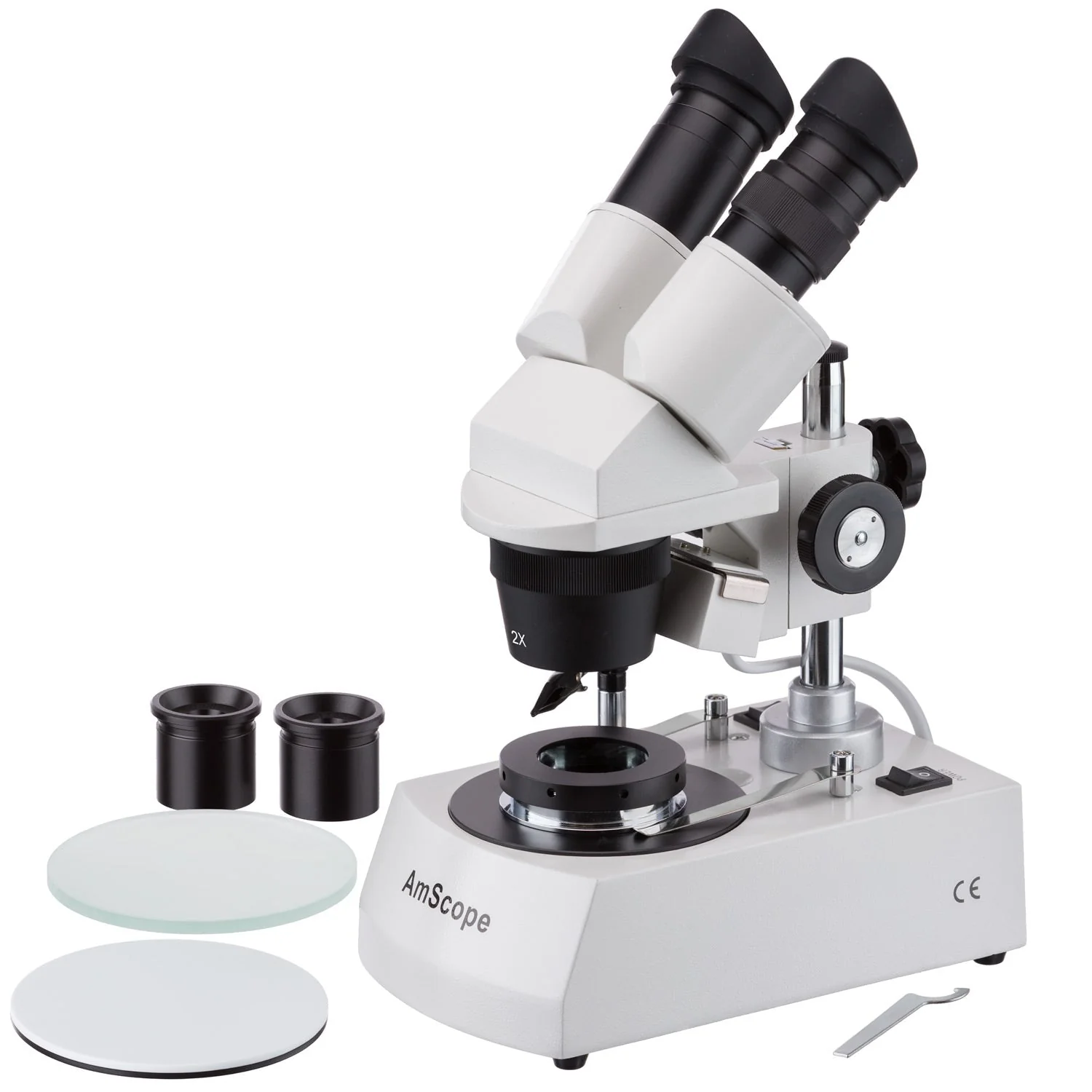 AmScope SE306 Series Compact Jeweler's Darkfield Binocular Stereo Microscope on Metal Pillar Stand with Reverse Angled Head, Top and Bottom Halogen Lighting