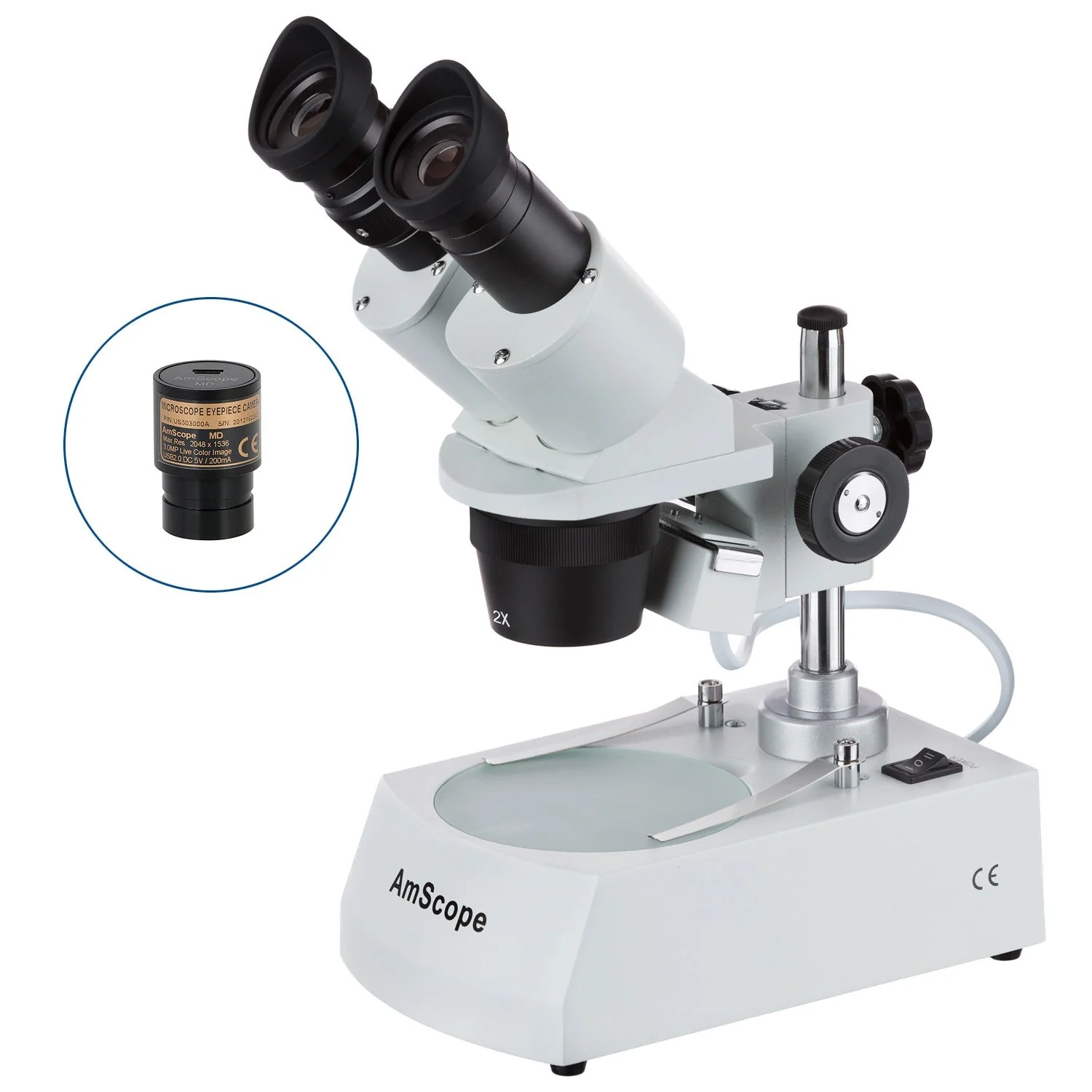 AmScope SE306 Series Compact Multi-Lens Binocular Stereo Microscope with Angled Head, Metal Track Stand, Top and Bottom Halogen Lighting - Image 2
