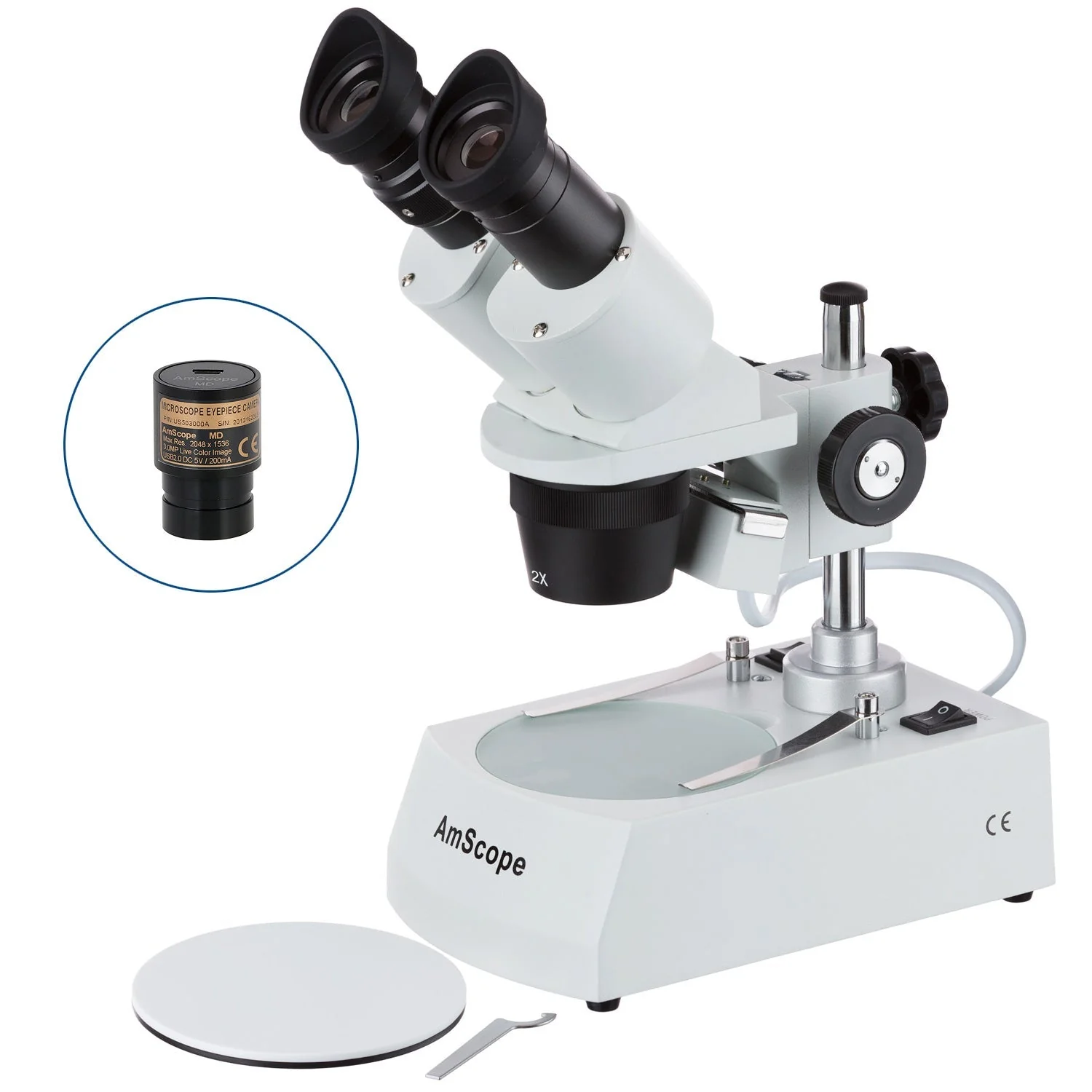 AmScope SE306 Series Compact Multi-Lens Binocular Stereo Microscope on Metal Track Stand with Angled Head, Top and Bottom Halogen Lighting - Image 2
