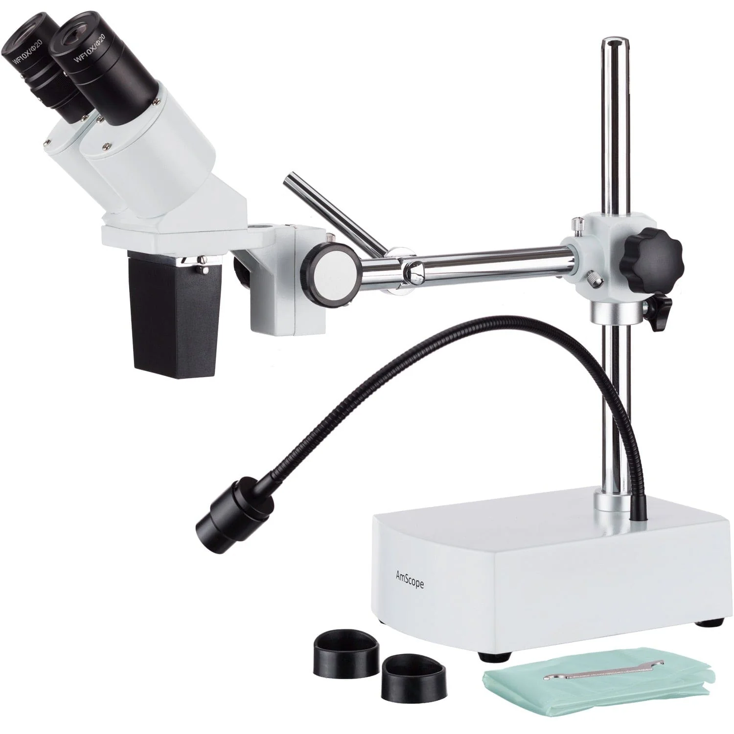 AmScope SE400 Series Compact Fixed-Lens Binocular Stereo Microscope 10X Magnification on Boom-Arm Stand with Reverse Angled Head and Gooseneck LED Light