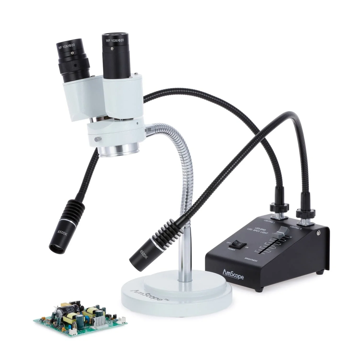AmScope SE508 Series Compact Binocular Stereo Microscope on Gooseneck Stand with Dual LED Gooseneck Illuminator