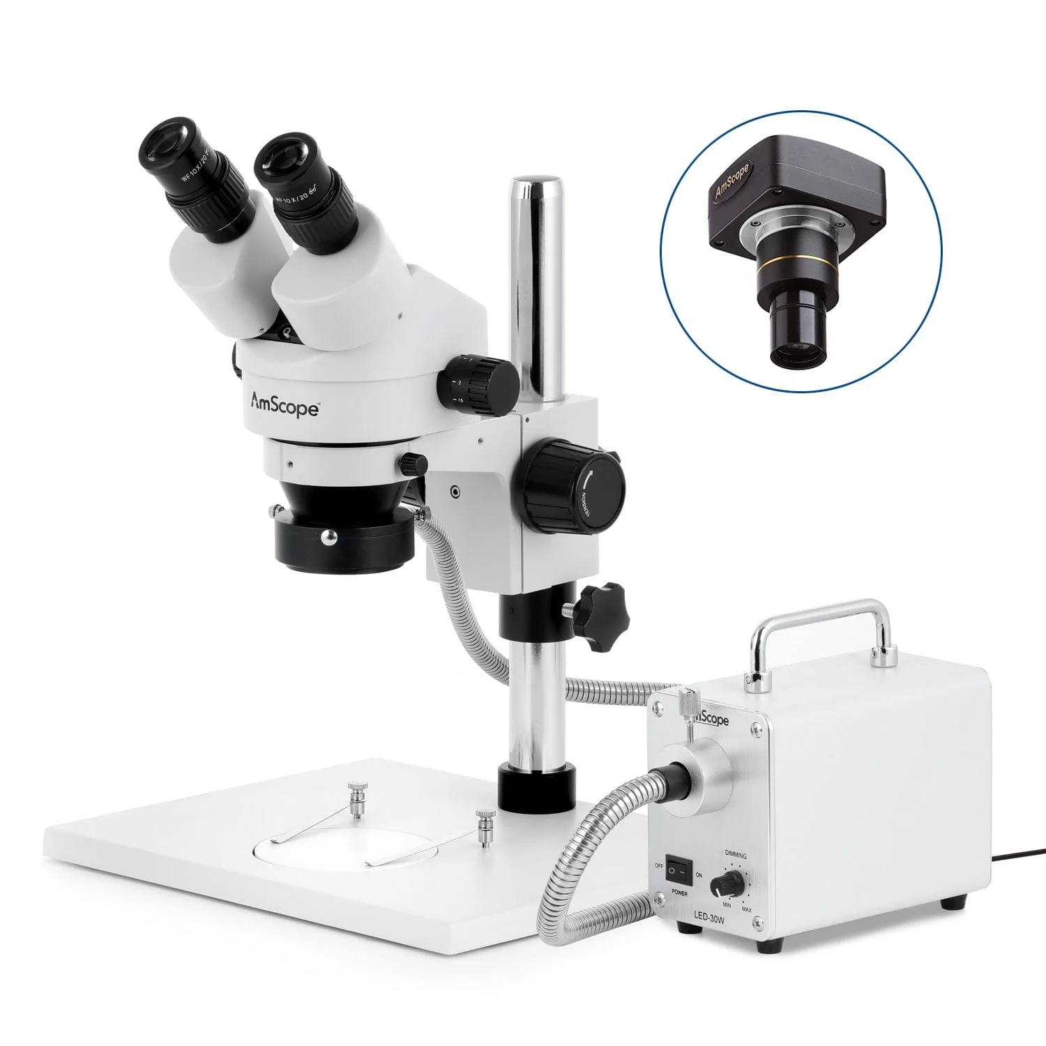 AmScope SM-1 Series Zoom Binocular Stereo Microscope with 30W LED Fiber Optic Ring Light on Pillar-stand with Large Base and Optional Digital Camera - Image 2